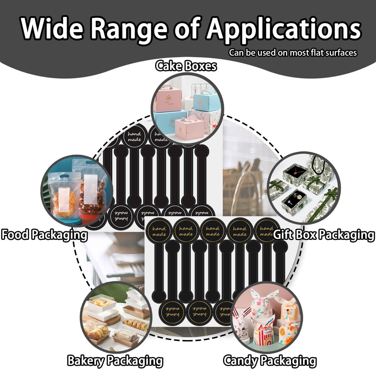 500pcs Handmade Food Baking Seal Stickers, Black Foil Self Adhesive Bakery Stickers, 3.9in Long Strip Tamper-Proof Packaging Sealing Labels for Lollipop Cake Cookie Bread Black & Foil (500pcs-3.9in Long)