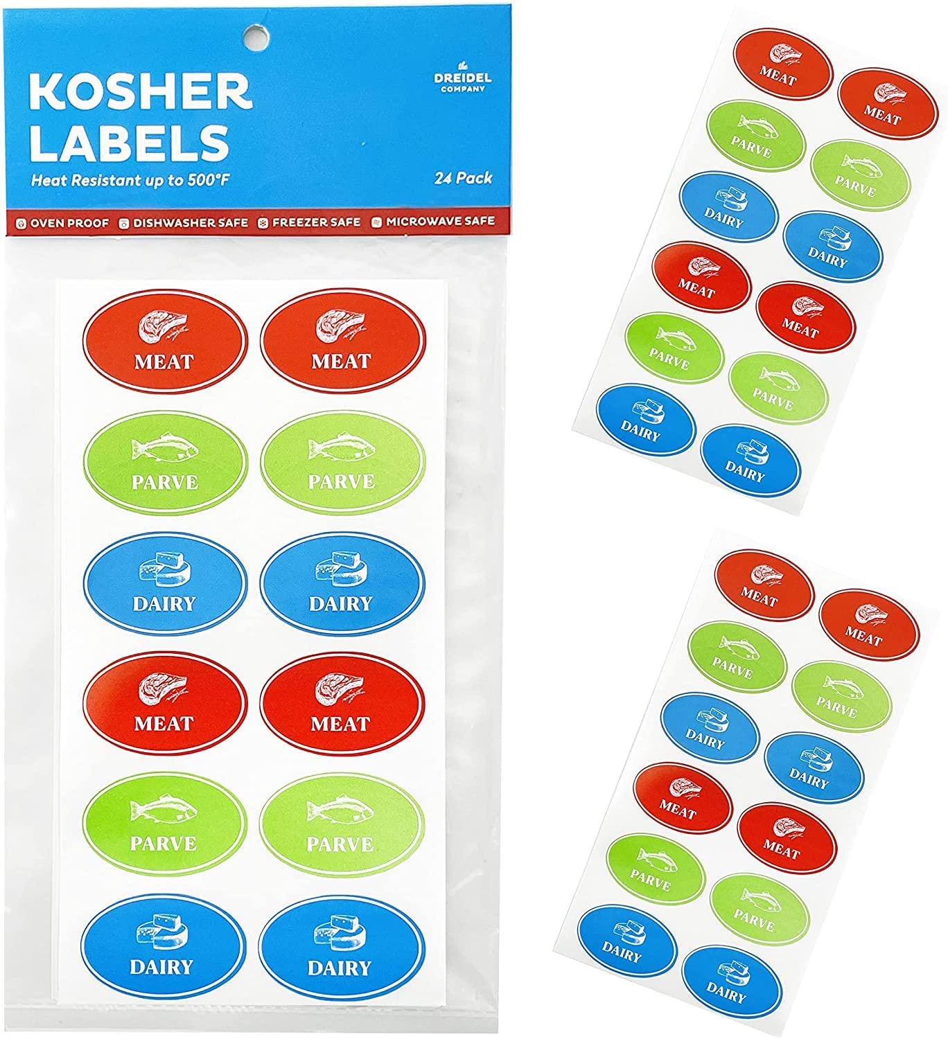 The Dreidel Company Assorted Kosher Labels, 16 Blue Dairy, 16 Red Meat, 16 Green Parve Stickers, Oven Proof up to 500°, Freezable, Microwavable, Dishwasher Safe, English, Color Coded Tools (48-Pack) 48-Pack Oval Design