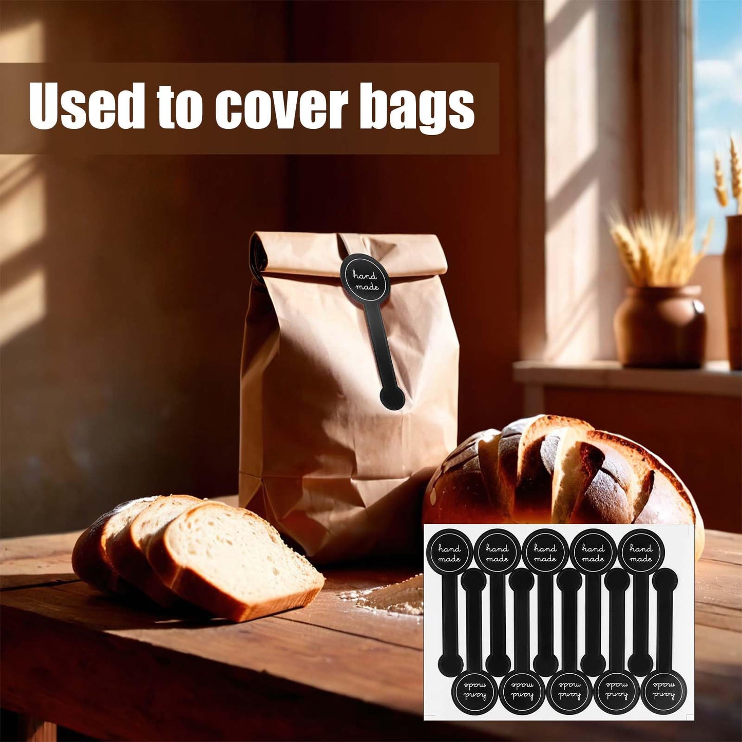 350 Pcs Handmade Food Baking Seal Stickers - Black Long Label Cake Labels, Self-Adhesive Bakery Seals, Tamper-Proof for Pastry Bags, Lollipops, Candy, Bread