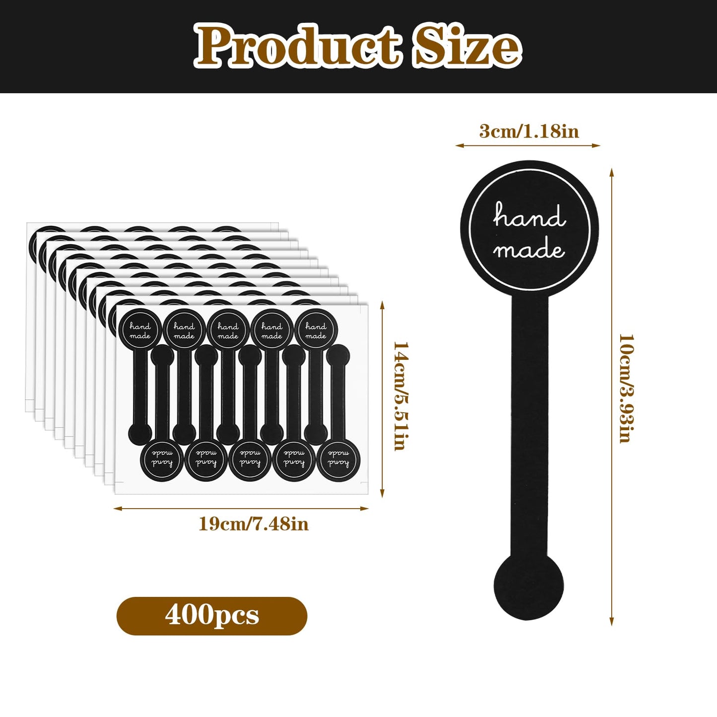400 Pcs Handmade Bakery Stickers, Black Long Label Self-Adhesive Lollipop Sealing Food Retail Package Seal Labels
