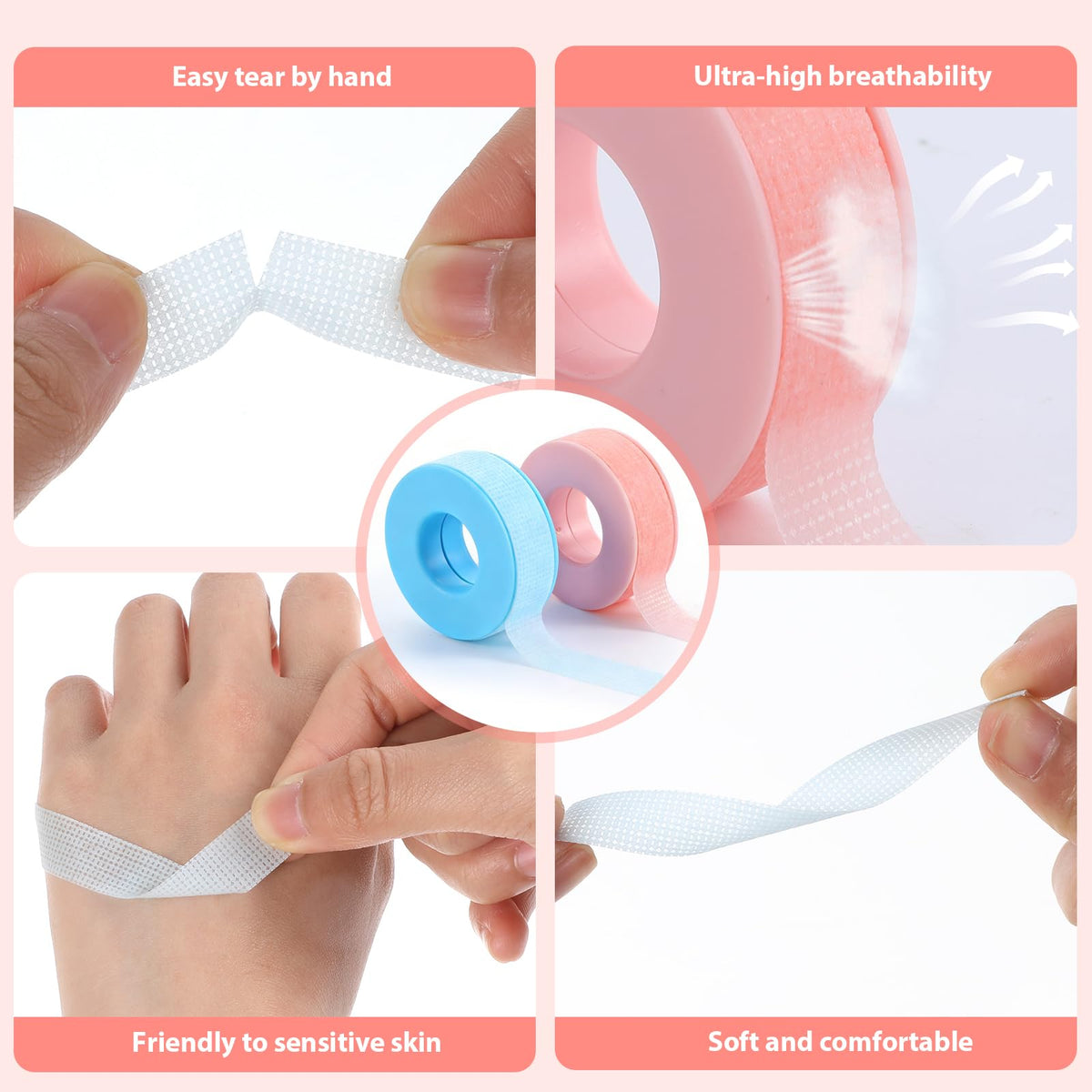 Sibba Silicone Gel Lash Tape for Eyelash Extensions, Breathable Eyelash Extension Tape for Sensitive Skin Makeup Removal, 0.5 in x 11.81 ft 2-Pack Professional Makeup Supplies Pink & Blue