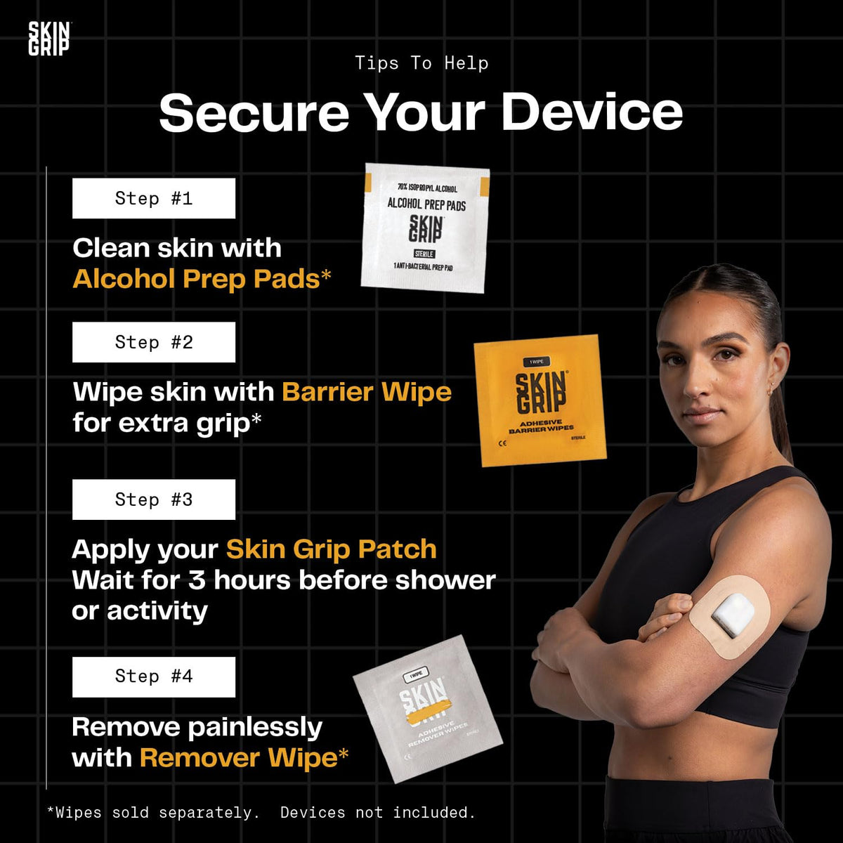 Skin Grip Adhesive Patches Compatible with Dexcom G7 & Stelo CGM with Cutout – Waterproof & Sweatproof Cover for Continuous Glucose Monitor Sensor, Stays Secure for 10-15 Days – 20 Pack, Black