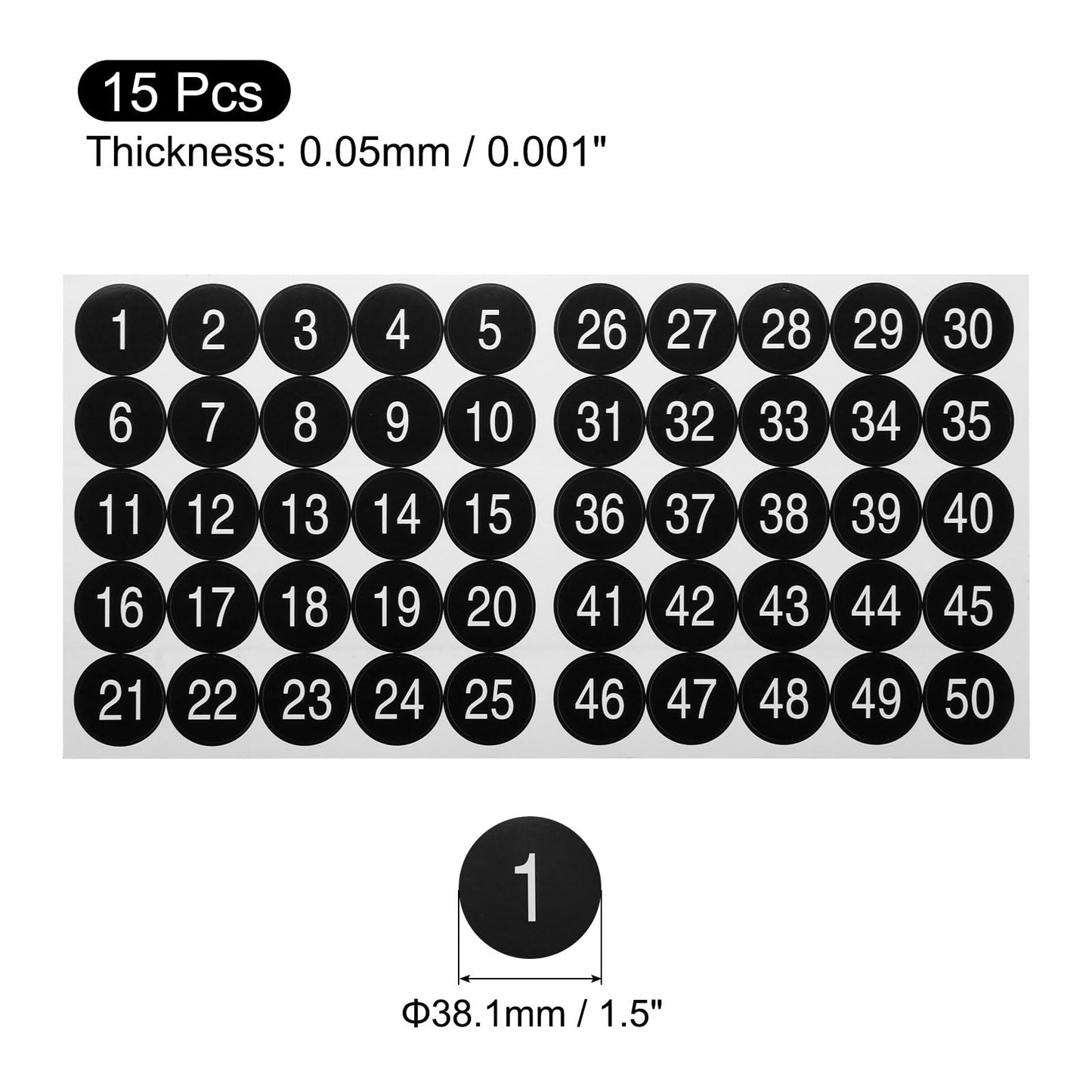 uxcell 15 Sheets Round Number Stickers, 1-50 Vinyl Consecutive Number Labels Self-Adhesive Number Decal for Office Classroom Box Storage, Black(1.5 inch Each)