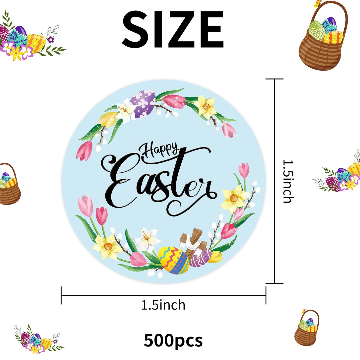 Happy Easter Sticker Rolls, 1.5 Inches 500 PCS Holiday Stickers for Kids and Adults, Round Label Stickers for Goodie Bags, Gift Favors Box, Cards, Beer Bottle, Party Supplies Floral Wreath
