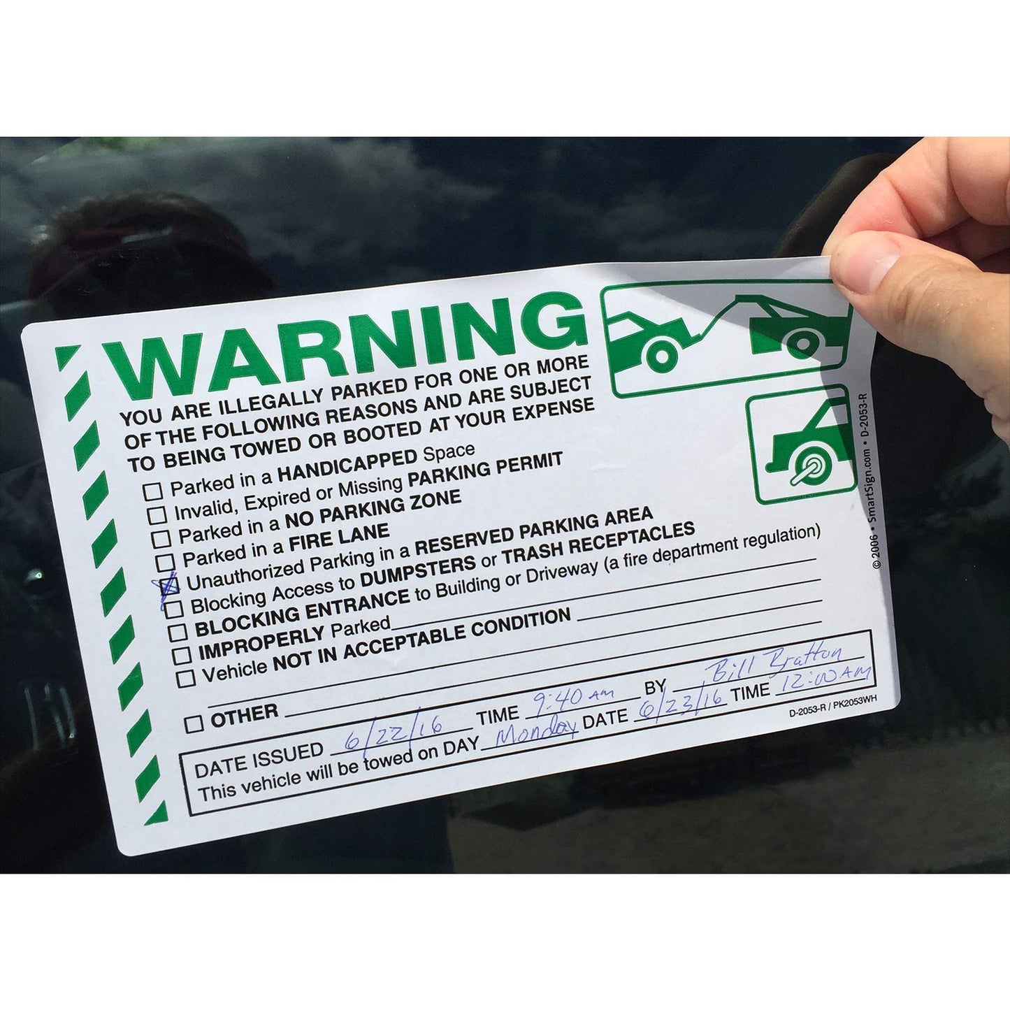 SmartSign 50-Pack 'Warning You are Illegally Parked' Sticker Labels with Permanent Adhesive, 5" x 8" Paper, Hard to Remove Write-On Tow Warning Parking Tickets, Green, Black/White Warning - Illegally Parked