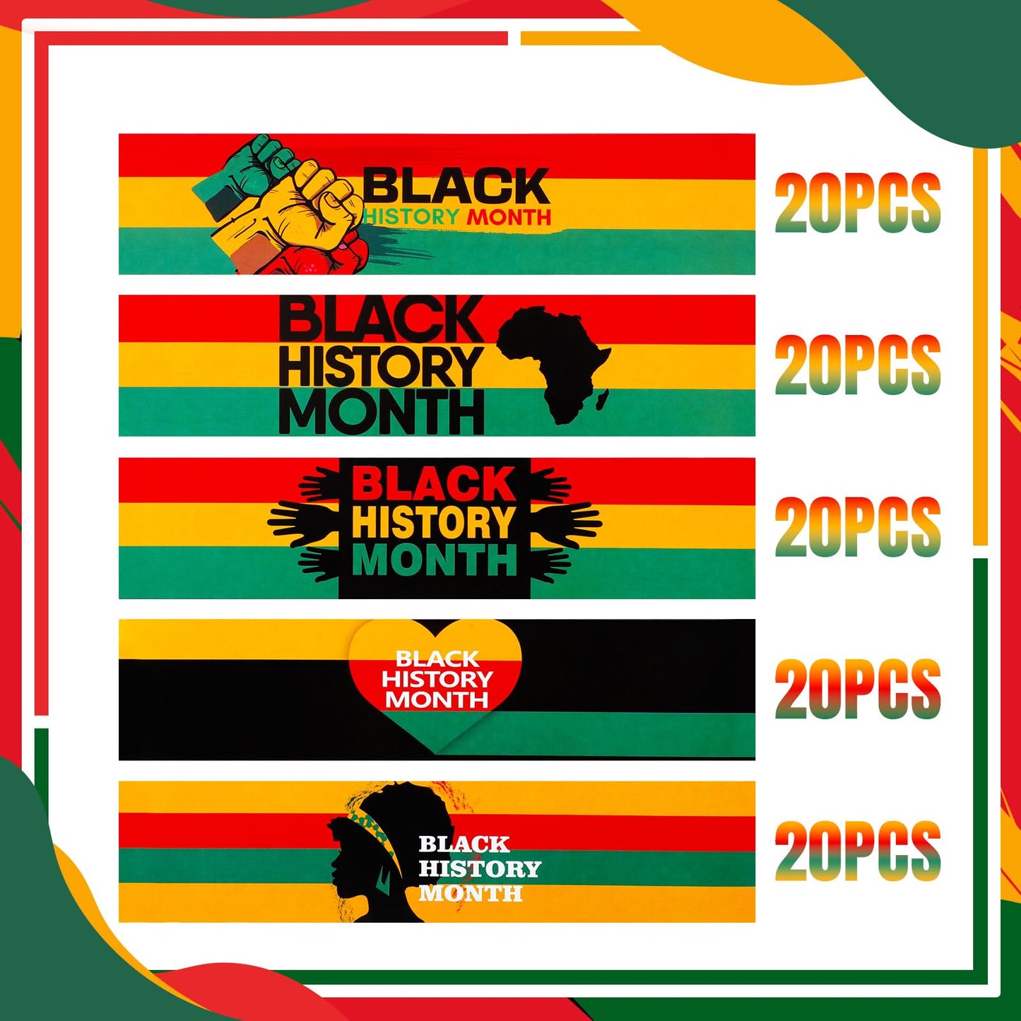 100 Pcs Water Bottle Labels Stickers Decorations Printable Bottle Wrapper Label Decals for Festival Decor, 5 Style(Black History Month) Black History Month