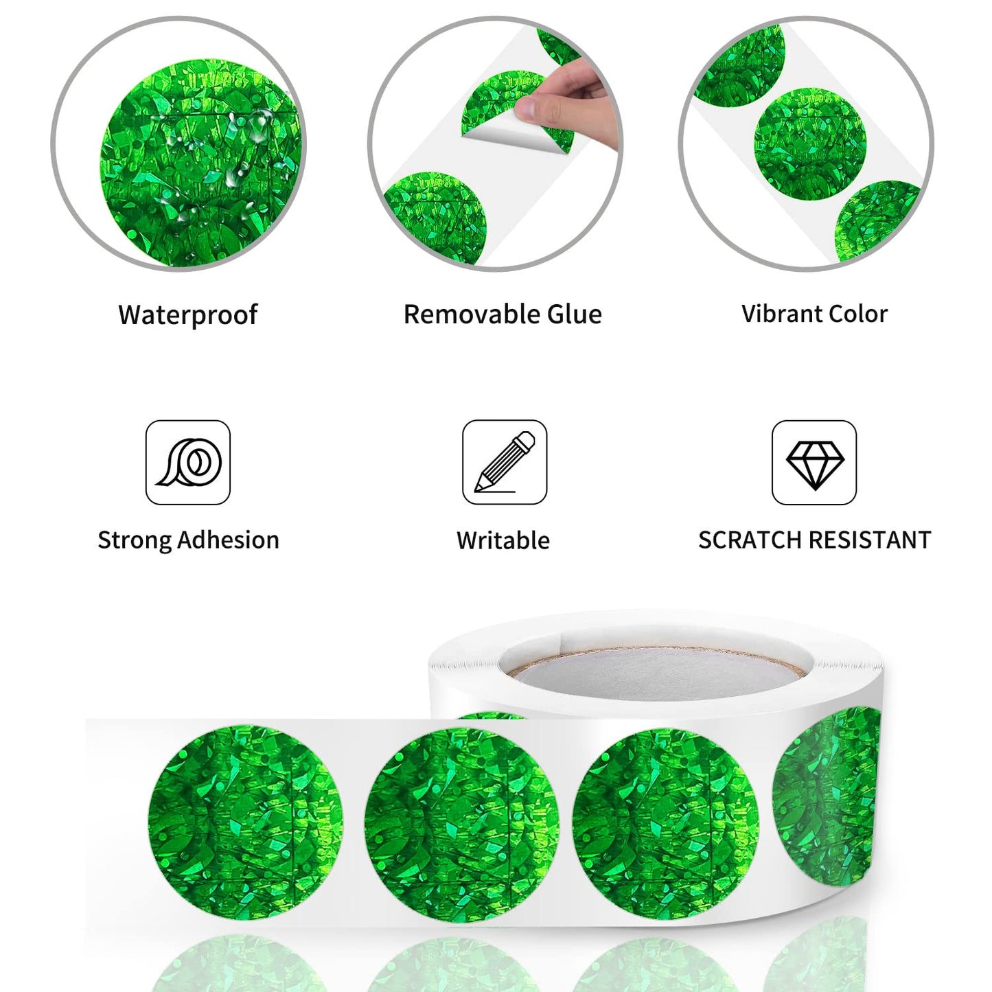 Round Stickers Green 1 Inch Circle Labels Color Coding Glitter Sparkle Dot Sticker Waterproof Removable Roll of 500 PCS Glitter Green