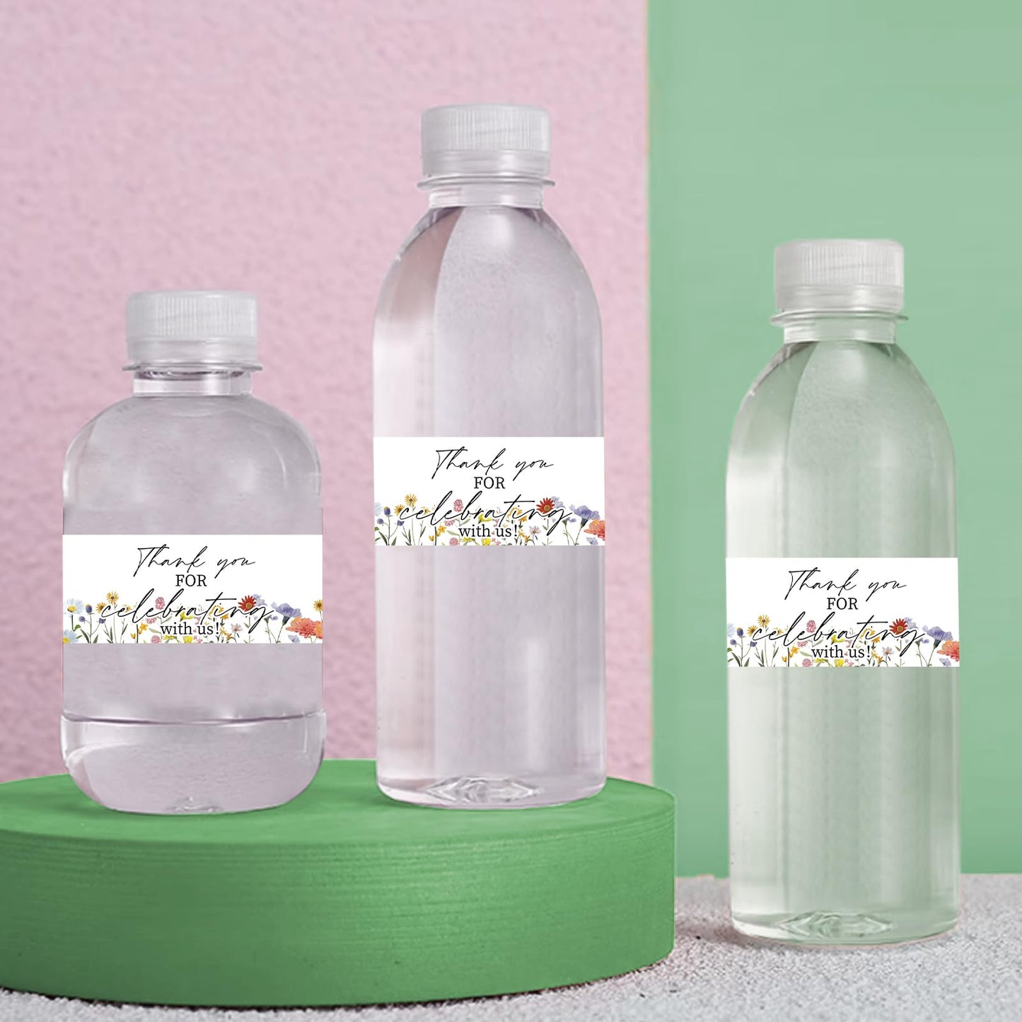 Water Bottle Labels, 50Pcs Thank You Flower Theme Waterproof Bottle Wraps Sticker for Graduation Wedding Birthday Bridal and Baby Shower 1.96x8.26in 5.10 Centimeters