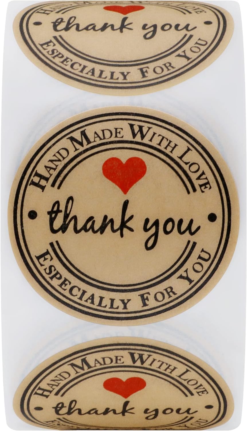 500PCS Hand Made with Love Stickers,1.5 Inch Large Round Thank You Baking Stickers Canning Bottler Labels for Baked Goods Packaging Jam, Jelly Jar,Mason Jars,Cookie Bags Supplies (Brown Handmade) Brown Handmade