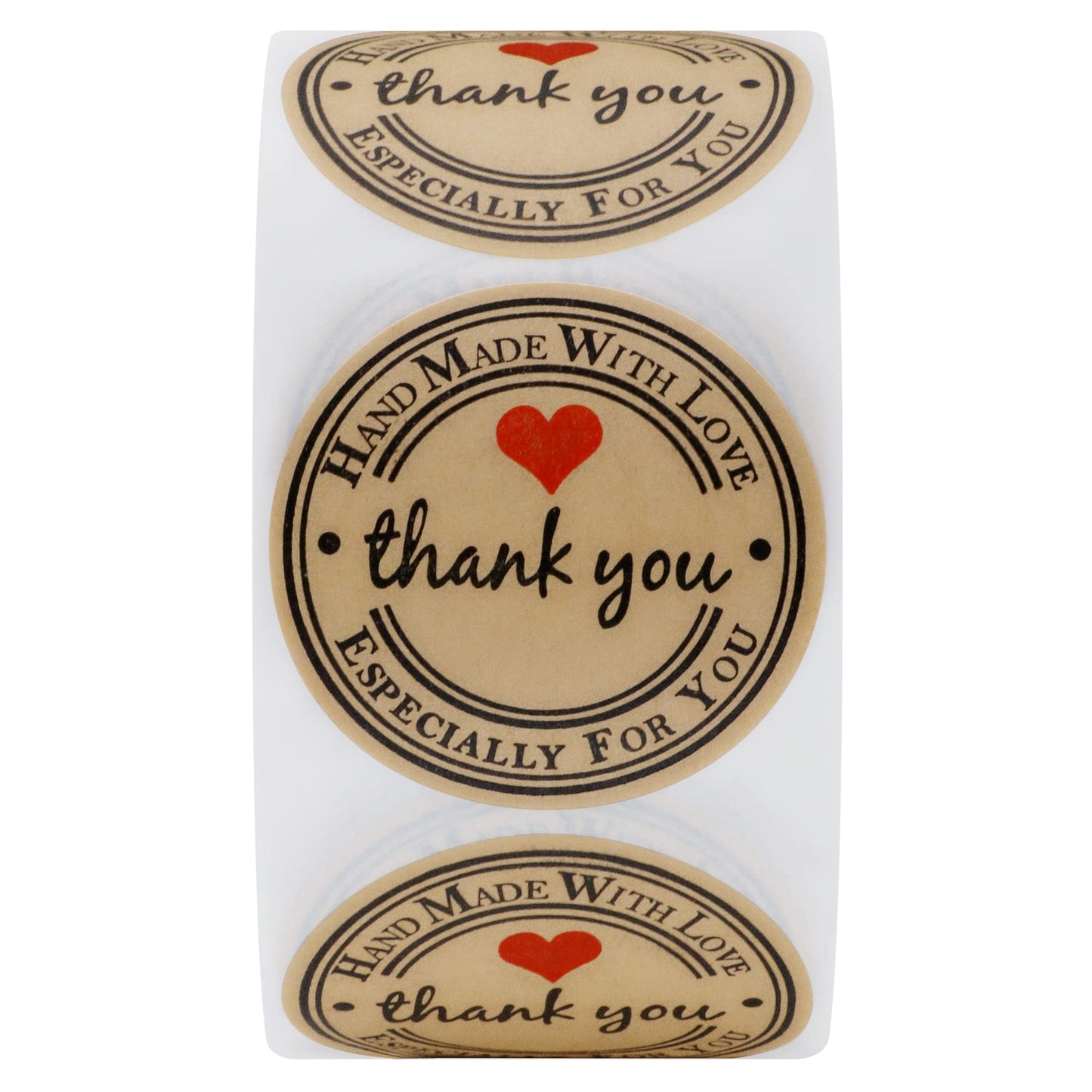 HYBSK Kraft Thank You Hand Made with Love with Red Heart Stickers 1.5" Inch Round Total 500 Adhesive Labels Per Roll (Kraft)