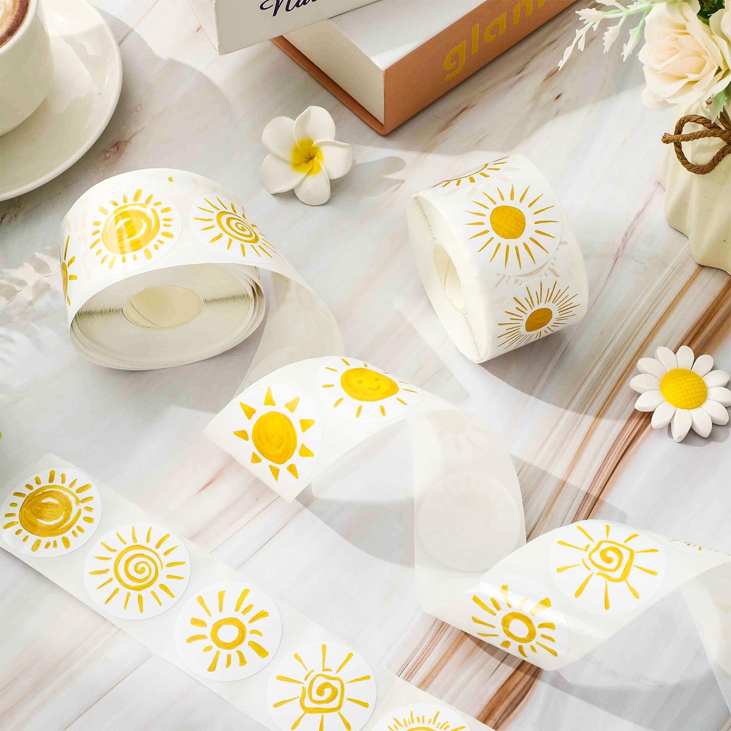 1000Pcs Boho Sun Stickers 16 Designs Sunshine Decal Adhesive Sealing Labels for Birthday Baby Shower Grocery Baking Bag Party Favor Supplies, 2 Roll