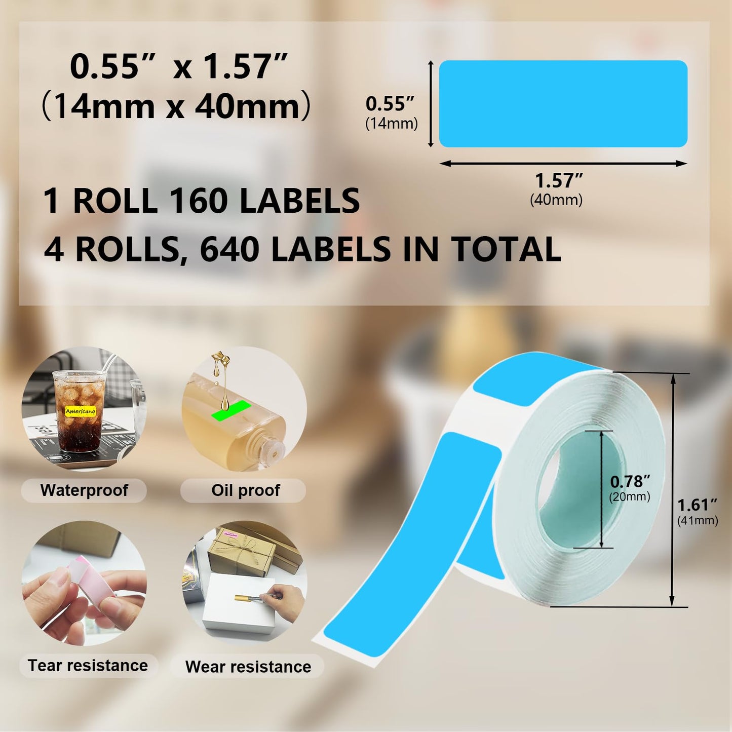 Thermal Label Tape 0.55"x1.57"(14x40mm) 4 Rolls,640Pcs,Waterproof,Oil-Proof,Strong Adhesive Thermal Labels,Compatible with D30 Portable Thermal Printer,for Home,Office,Storage,Sky Blue. Sky Blue