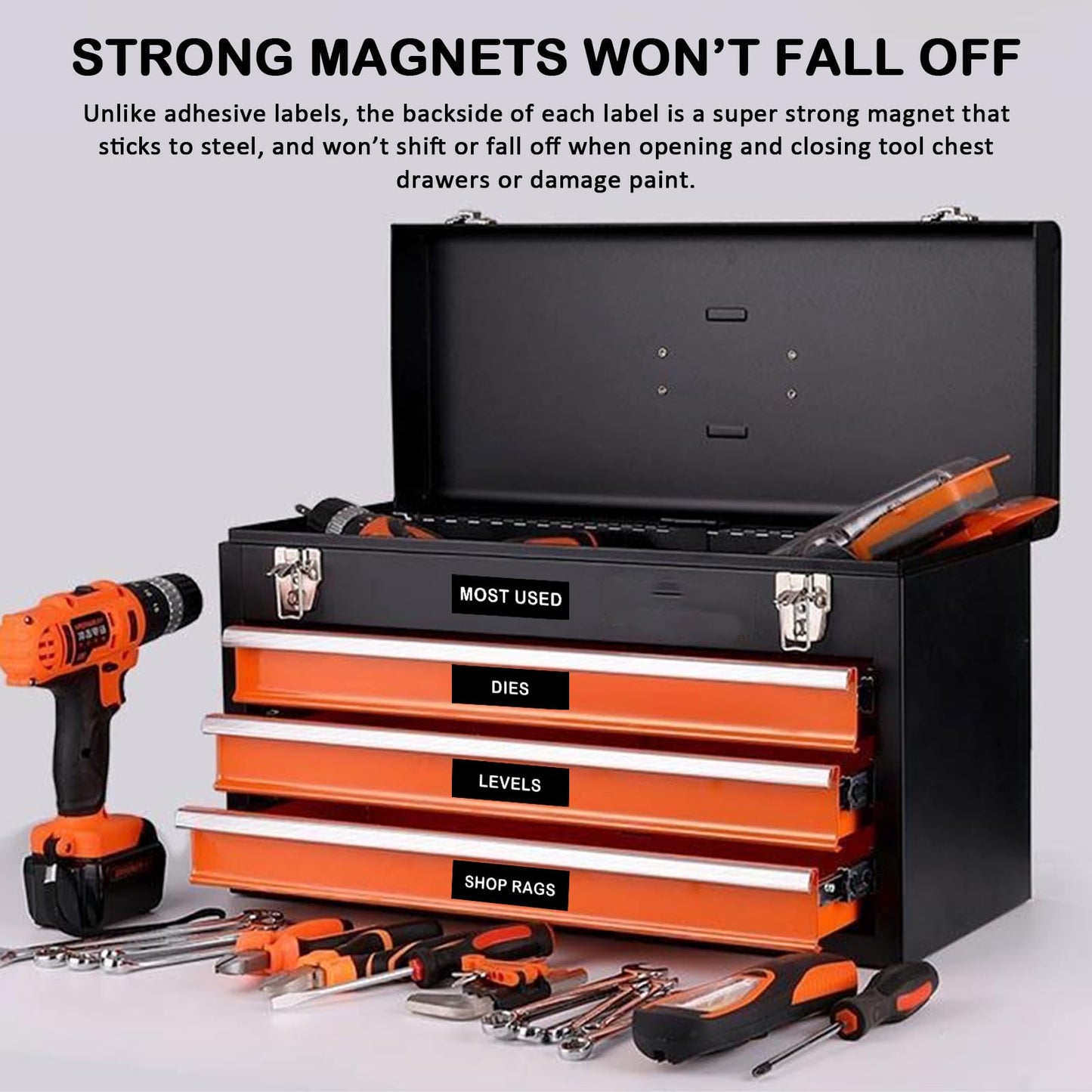 Magnetic Tool Box Organization Labels,Tool Chest Organizer Labels with Strong Magnets,Easy to Read Printing - Fits All Brands of Steel Tool Box Drawers (72 Pcs, 4 x 1 Inches) Black