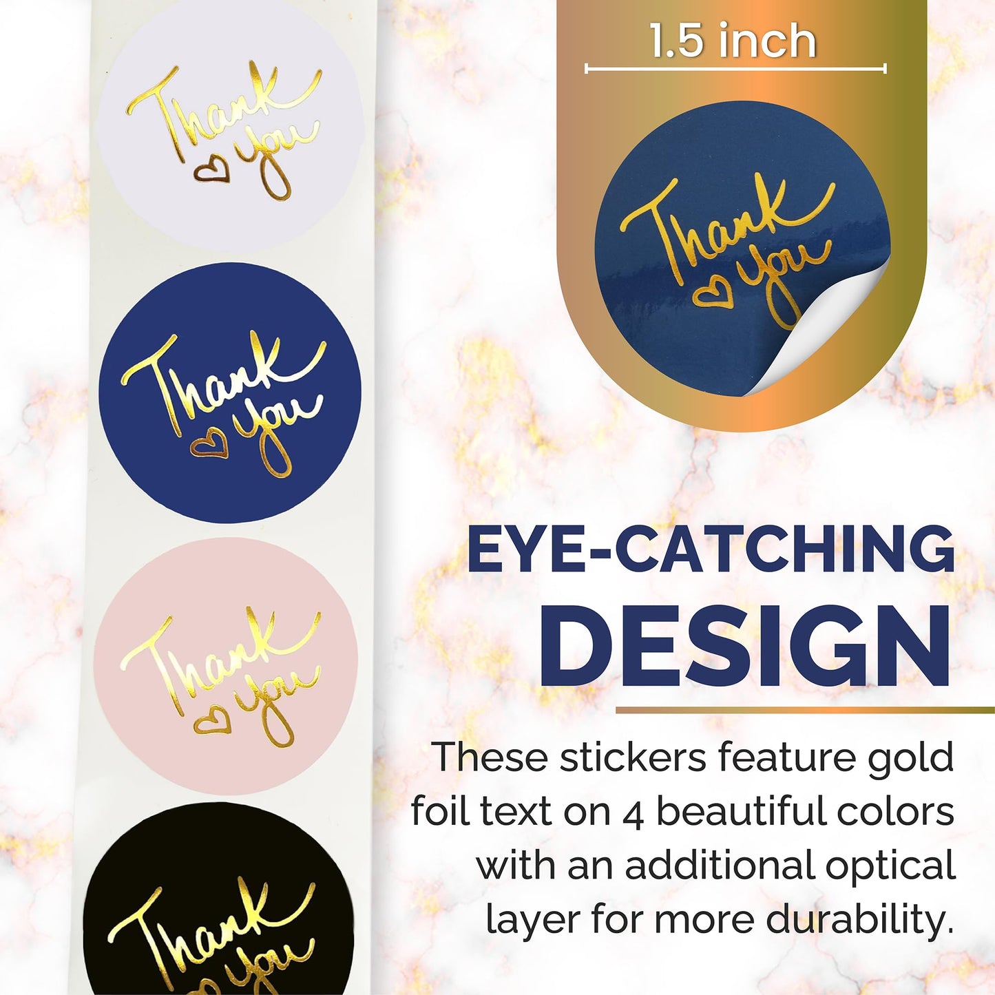 500 Thank You Stickers – 1.5 Inch Round Multicolor with Gold Foil – 4 Elegant Designs (Black, White, Pink, Navy) – Self-Adhesive Labels for Small Business Packaging, Orders, Envelopes, Boxes Classic 1.5 Inch (500)