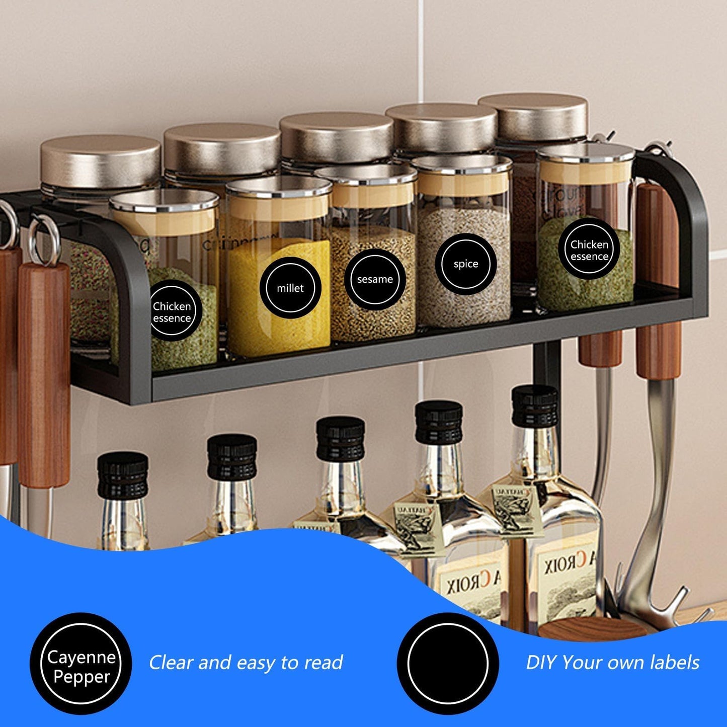432PCS Black Round Spice Label Stickers, Kitchen Food Organizer Labels, 9.65x9.25 Inch Waterproof Spice Jar Labels