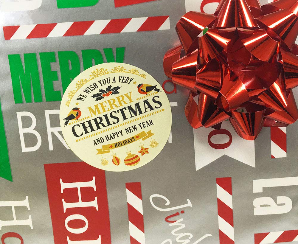 Merry Christmas and Happy New Year Stickers – 2.5 Inch Round Holiday Labels, Roll of 100 with 4 Festive Designs – Adhesive Circle Stickers, Made in The USA