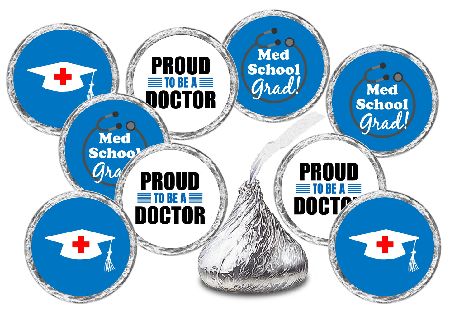 216 Med School Graduation Party Kisses Stickers Labels, Medical School Doctor Grad Party Decorations. Candy NOT Included. Made in USA.