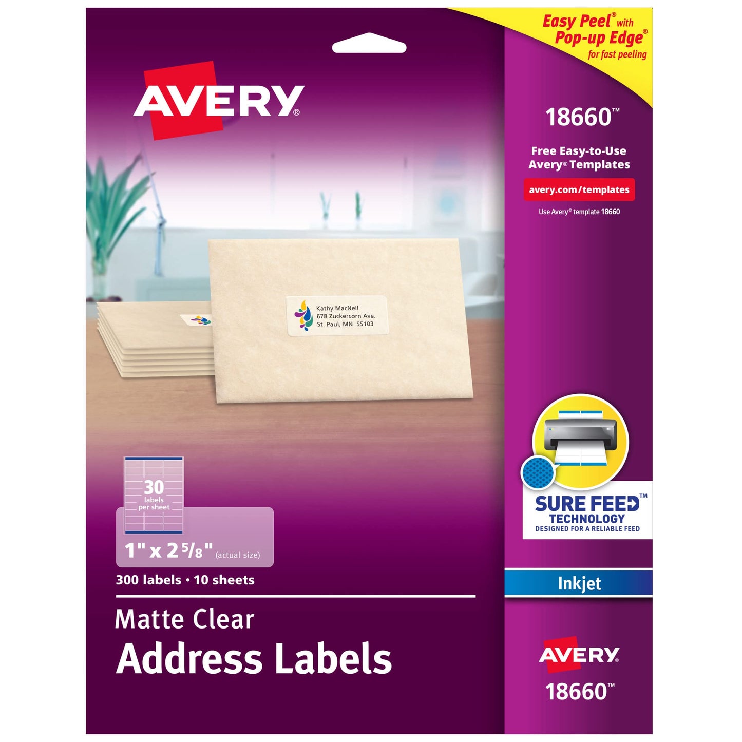 Avery Printable Address Labels with Sure Feed, 1" x 2-5/8", Matte Clear, 300 Blank Mailing Labels (18660) One Size 300 labels