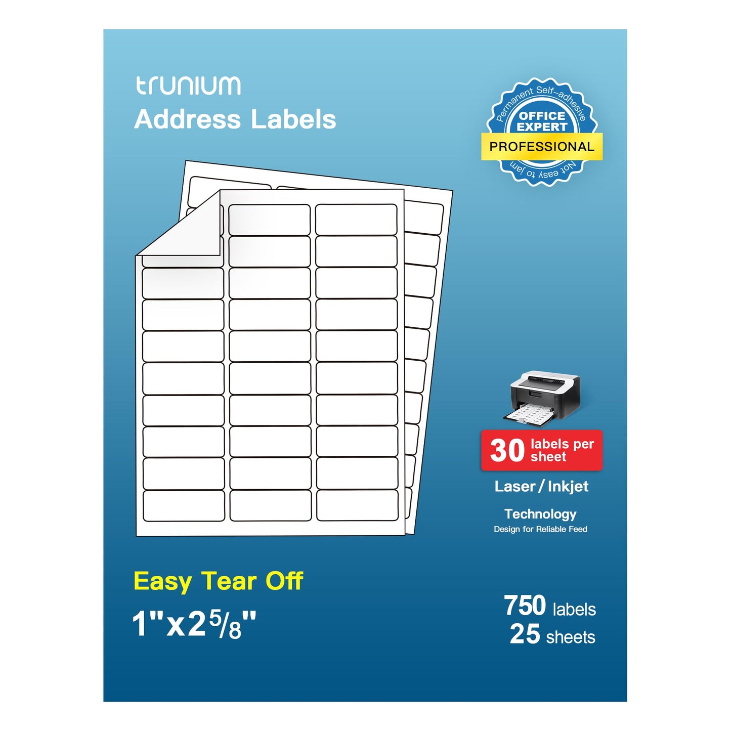 Shipping Address Labels, 1" x 2-5/8" Address Labels for Laser & Inkjet Printers, Mailing Labels for 5160, 5260, 8160, Strong Adhesive for FBA Label, Easy to Peel (25 Sheets, 750 Labels) 1x 2-5/8_25P