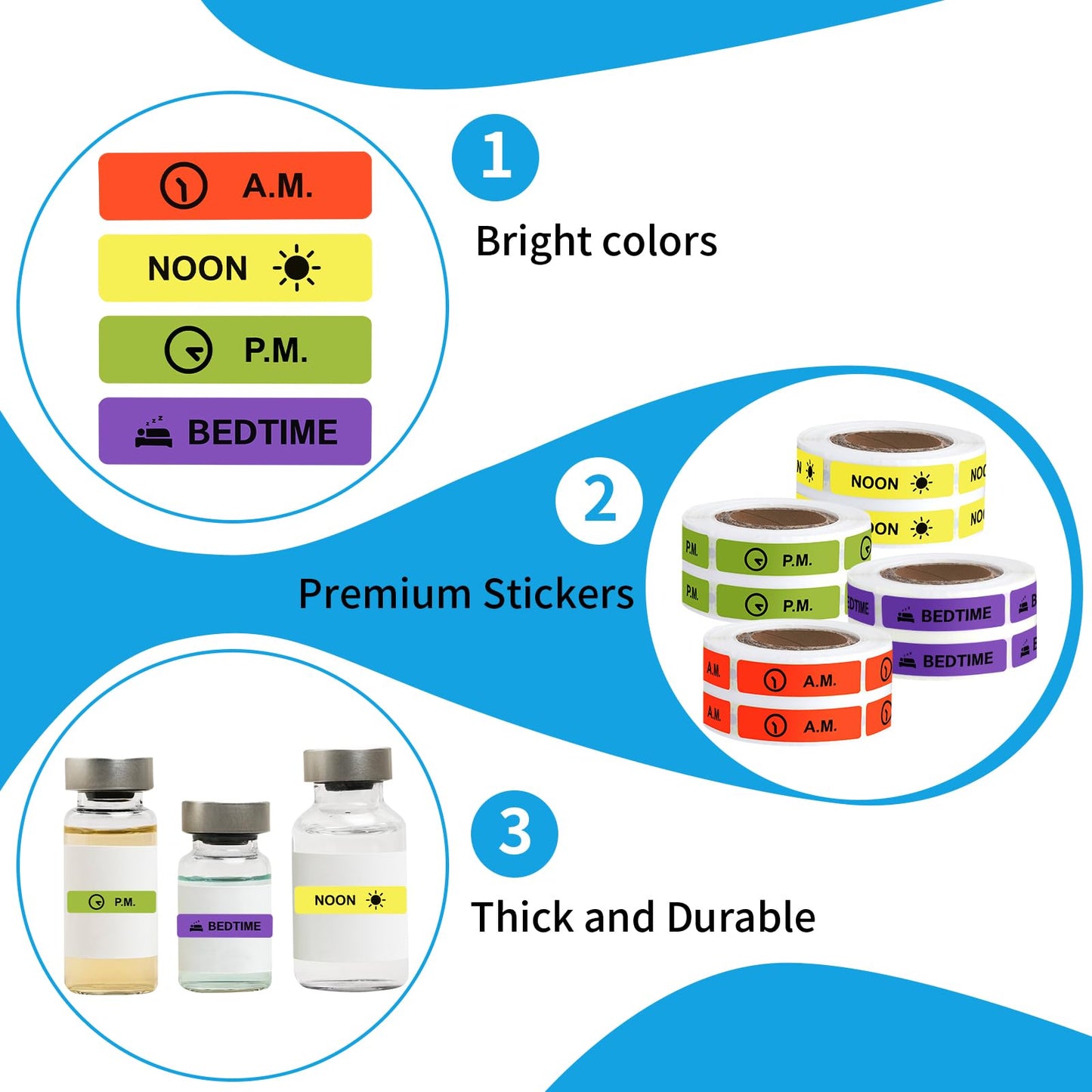 Medicine Stickers Medication Instruction Label Permanent Paper Label AM NOON PM Bedtime for Pill case Planner 0.4 * 1.6inch (500 per Roll 4 Pack)