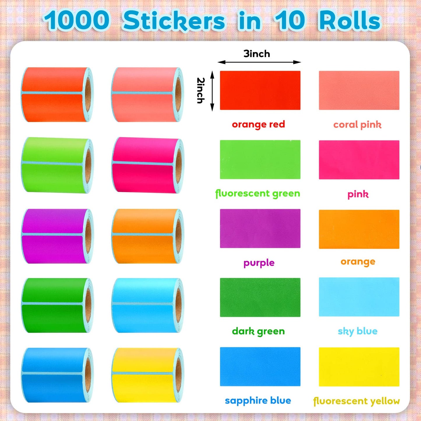 1000 Colored Sticker Rolls - Rectangular Coding Labels in 10 Bright Colors - Self Sticky Folder Labels for Boxes, Folders, Classroom & Home (2 x 3 Inch) 2 x 3 Inch