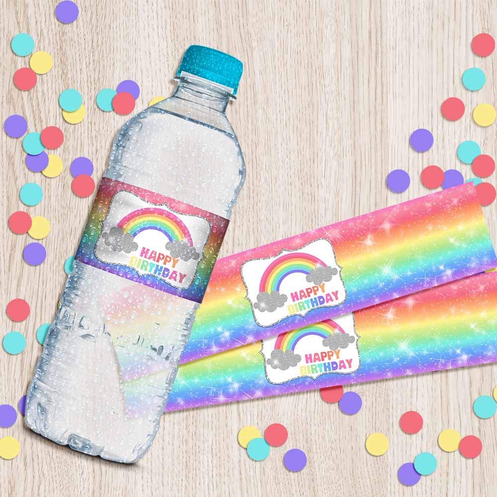 Rainbow Sparkle Themed Birthday Party Waterproof Water Bottle Sticker Wrappers, 20 1.75" x 8.5" Wrap Around Labels by AmandaCreation