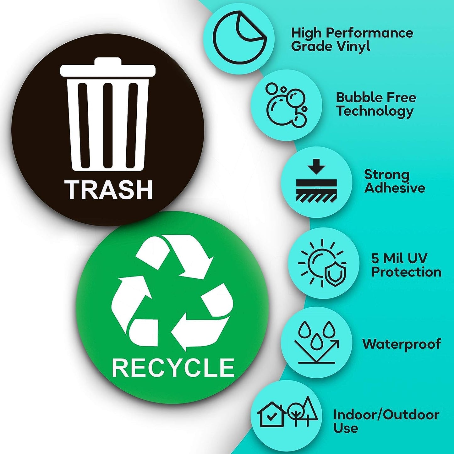 Recycle Sticker for Trash Bins - Perfect Recycling Stickers for Trash Can - 2 Pack - 5" by 5" Decal Logo - Ideal Label Sign for Home or Office Refuse Bin - Suitable for Indoor/Outdoor use Green, Black