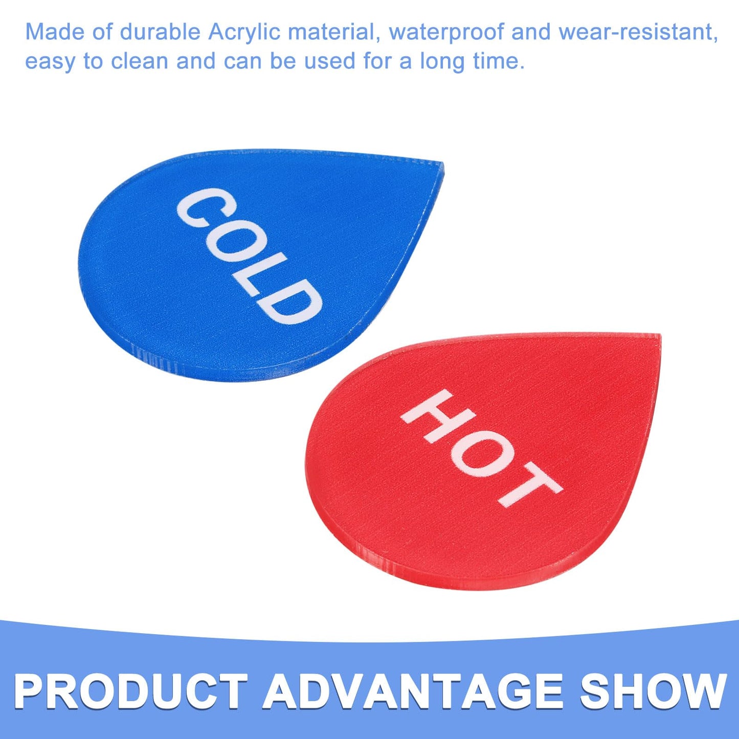 Self Stick Hot/Cold Water Label - 10 Pairs/20 Pack Child-Friendly Drop Shape Sticker Sign Fits for Faucet Sink - Self-Adhesive Acrylic Stickers - (Blue/Red)