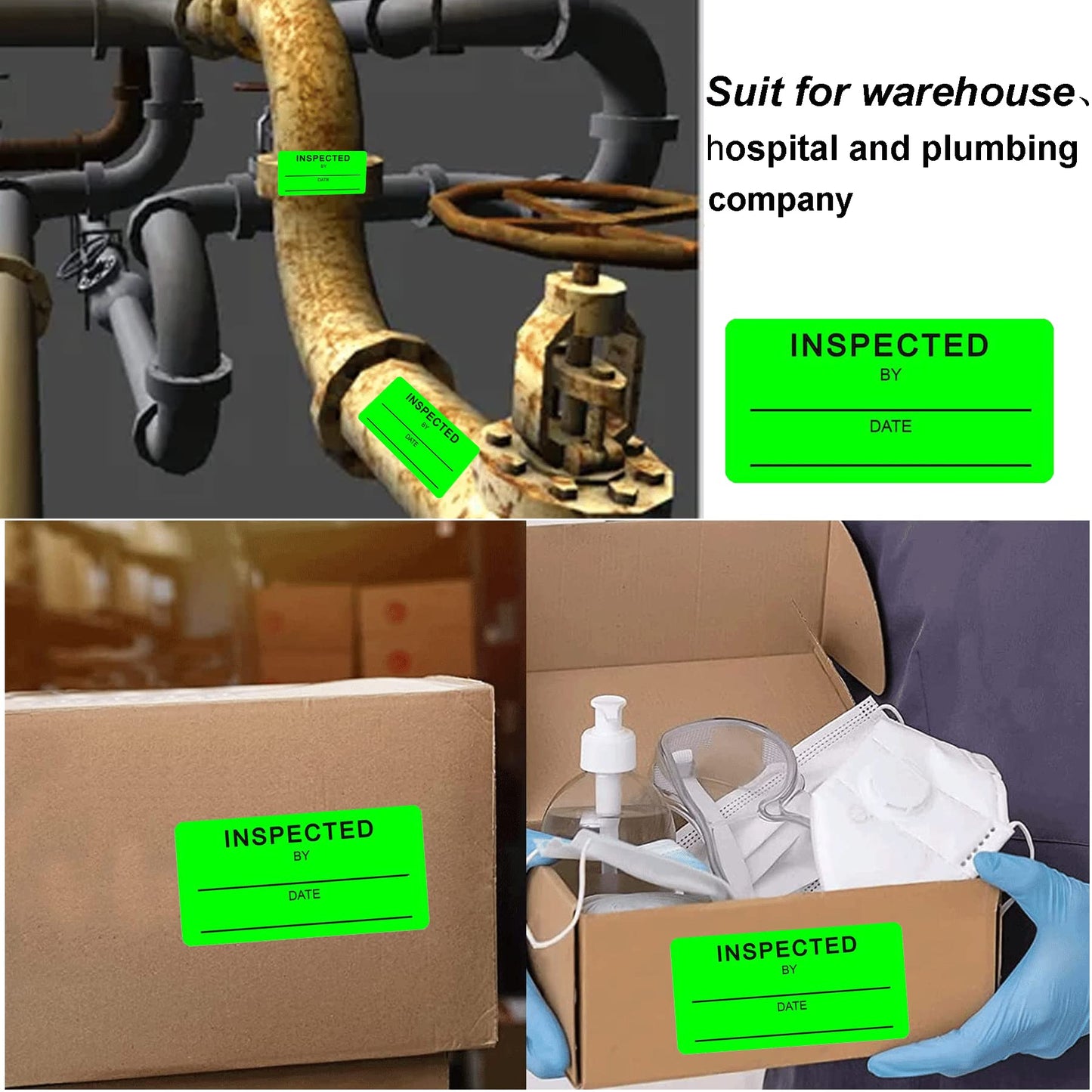 1 X 2 Inch Inspected by Rectangle Labels - Quality Control Inventory Labels 500 Green Label Fluorescent Square Adhesive Stickers for Handling Shipping Warehouse Inventory/Quality Control Organization 1 x 2 inch