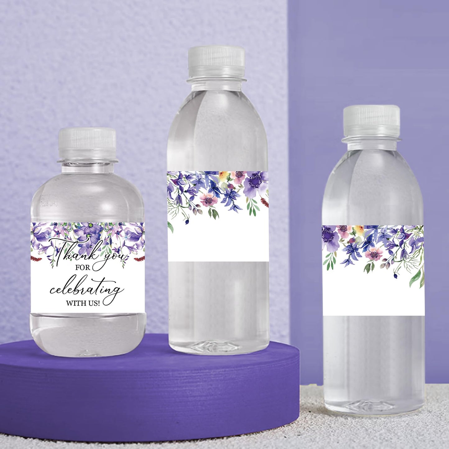 Water Bottle Labels, 50Pcs Purple Flowers Thank You for Celebrating with Us Waterproof Bottle Sticker for Wedding Birthday Graduation Baby Shower