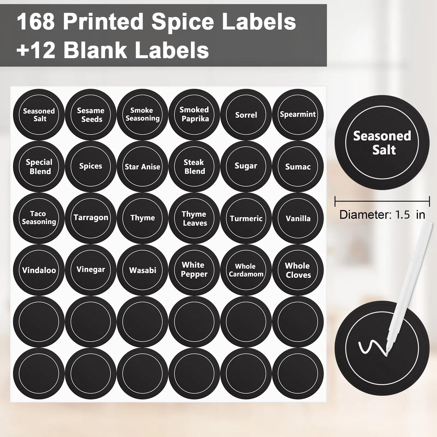 180 Spice Jar Labels - Chalkboard Stickers, Preprinted and Blank - Round and Erasable for Spice Containers 1.5 in