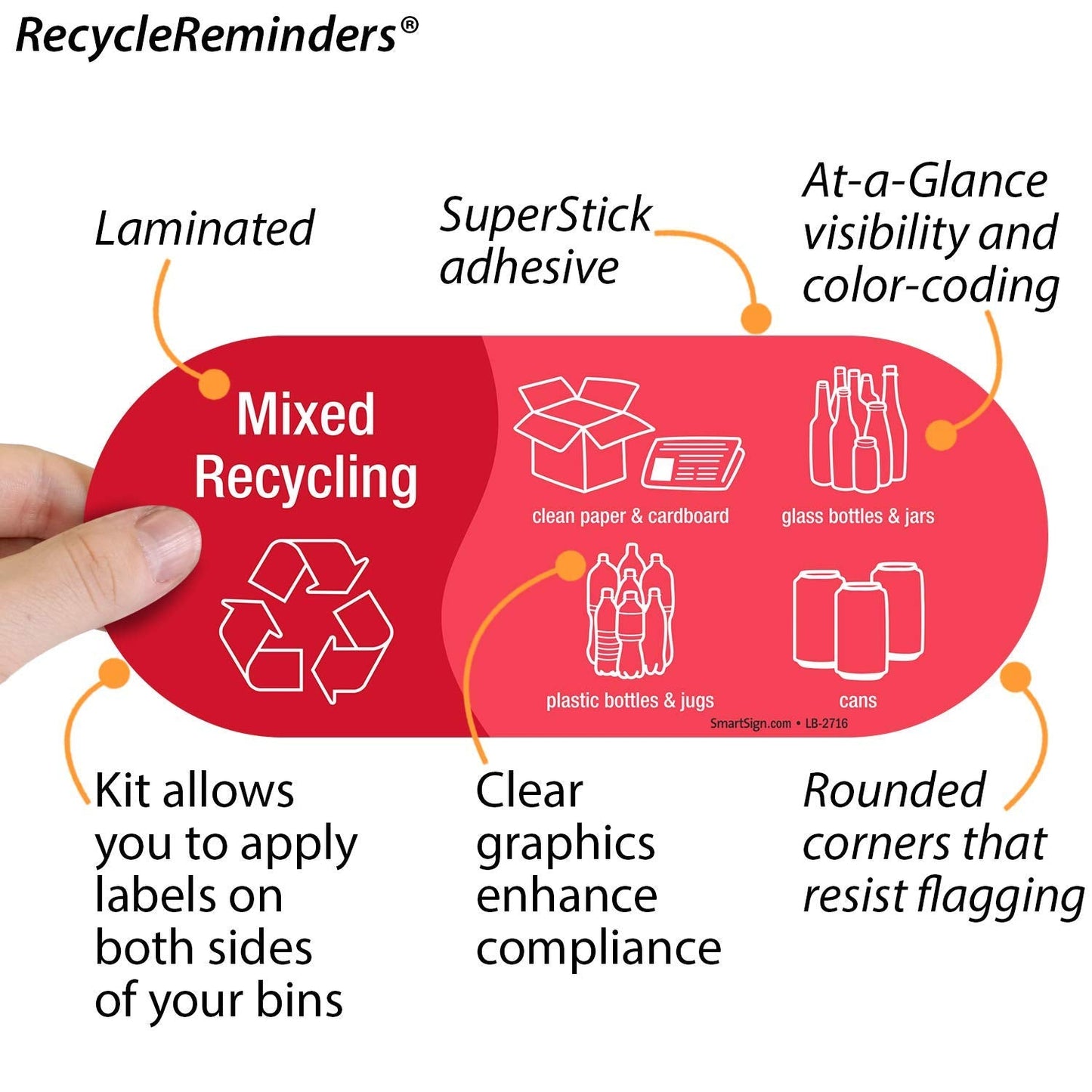 SmartSign (Pack of 4) 3.75 x 9 inch “Mixed Recycling” Sticker Labels with Symbols, 5 mil Laminated Polyester with SuperStick Adhesive, Red and White, Made in USA 3.75" X 9"_mixed Recycling