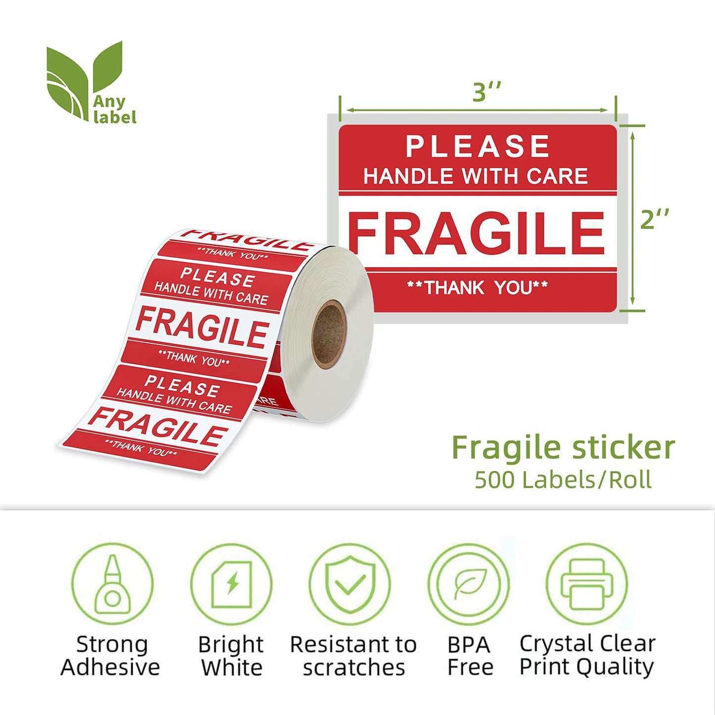 3" x 2" Fragile Stickers for Shipping and Moving Please Handle with Care Fragile Thank You Permanent Adhesive (2 Rolls, 1000 Labels)