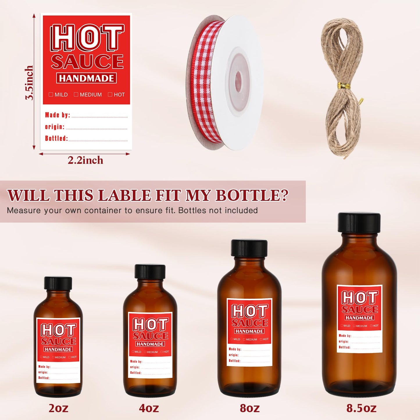 Hot Sauce Labels Spicy Sauce Stickers 3 x 2 Inch Homemade Hot Sauce Labels Bottle Labels with Ribbon and Rope for 4 oz or 8 oz Bottles for Personalized Gifts(Red,Classic) Red Classic