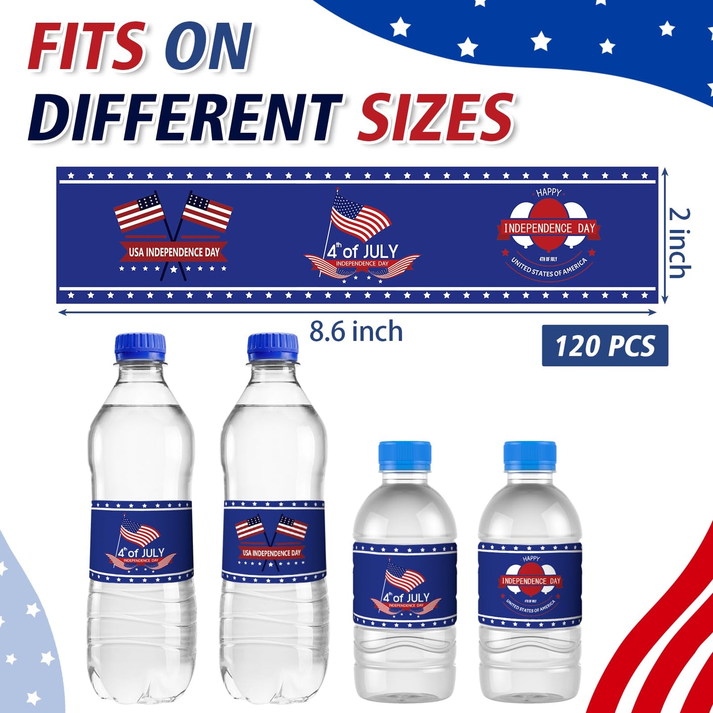 120PCS 4th of July Decorations Water Bottle Labels, 8.7" x 2" Fourth of July Accessories Water Labels,4th of July Stickers for American Independence Day, Labor Day