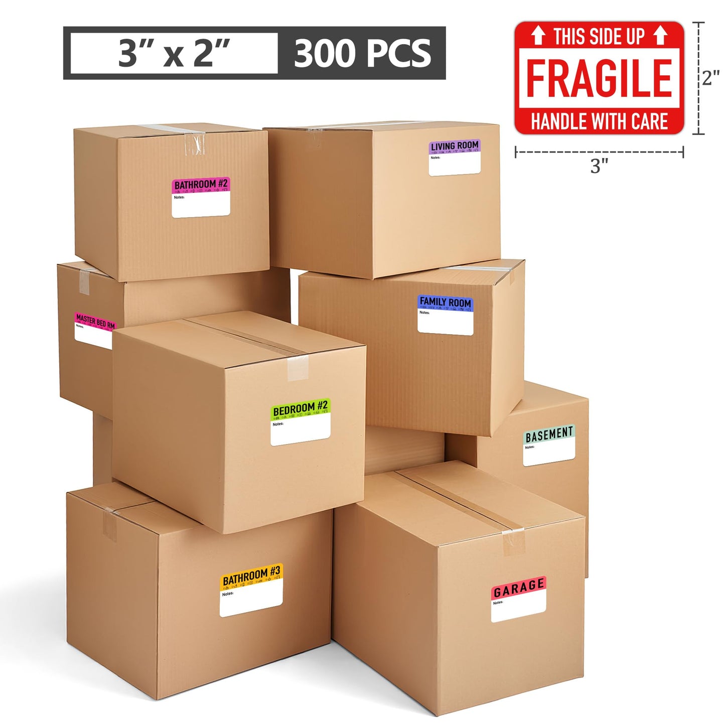 300 Pcs Moving Packing Box Labels 2” x 3” with Writable Notes Areas, 20 Designs Pre-Printed Color-Coded Home Moving Sticker Including Fragile & Customizable Blanks (Large, Count, 15) (Black) Black