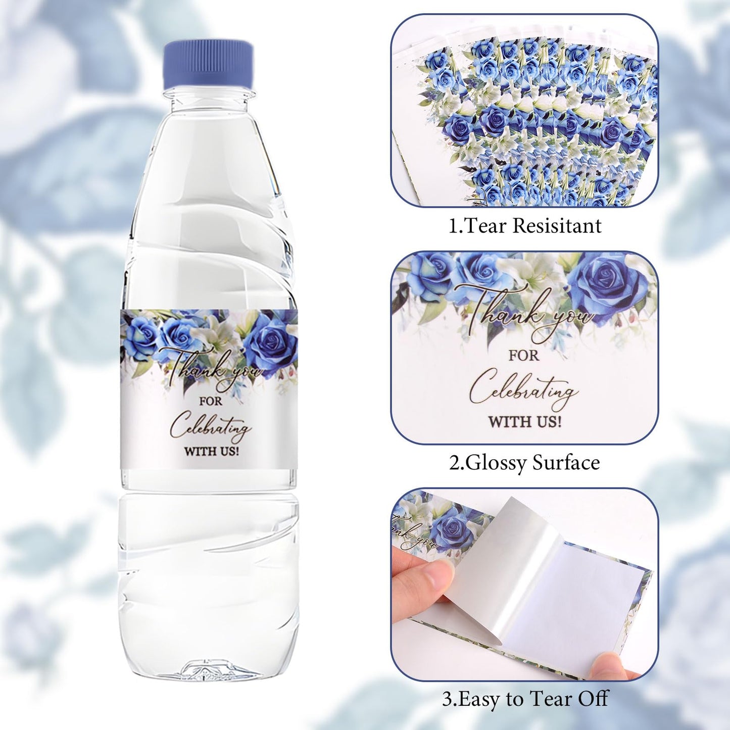 50 Pcs Waterproof Blue Floral Thank You Bottle Stickers Labels,Wedding Bridal Shower Bottle Wrappers Engagement Party Favors Decors Supplies Dark Blue