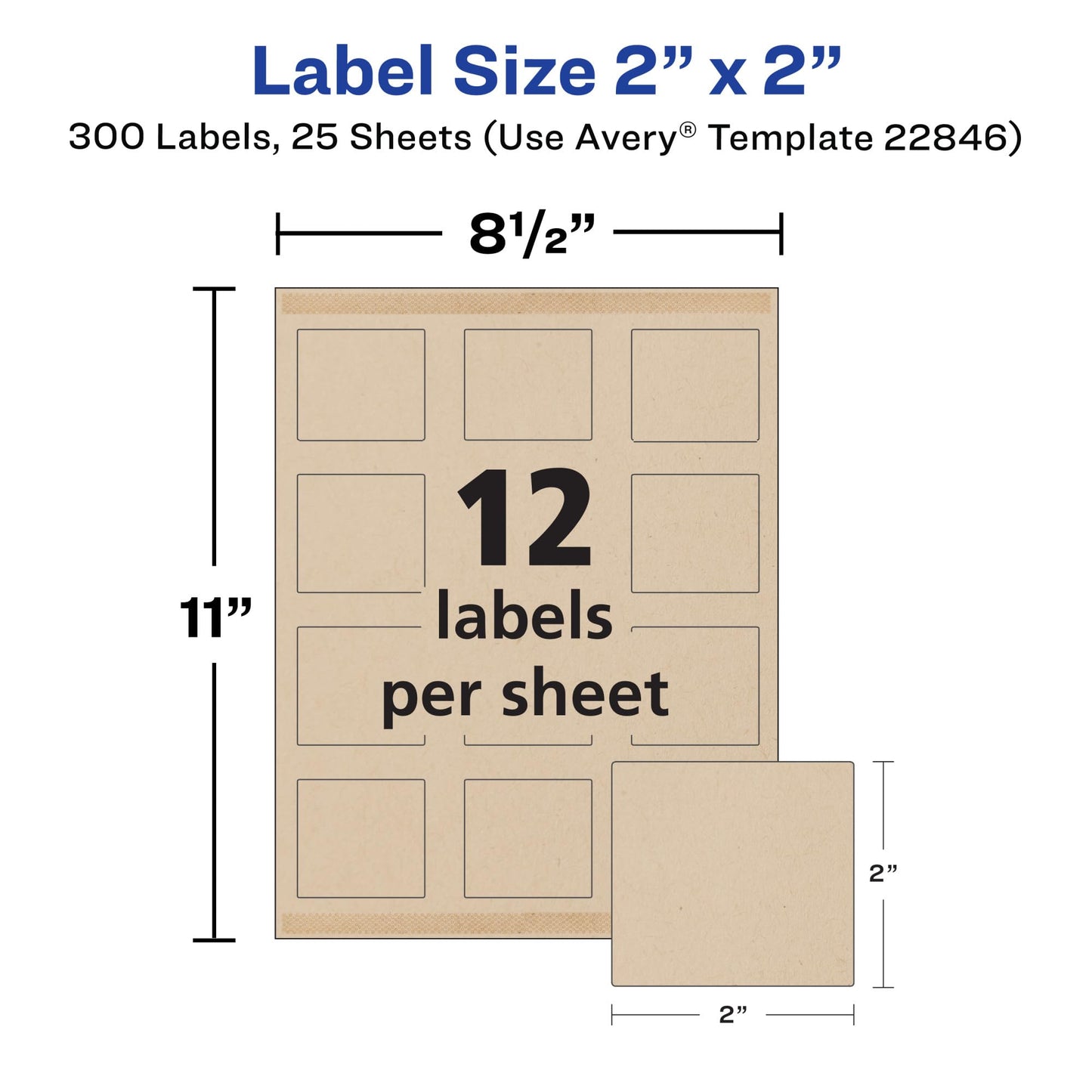 Avery Kraft Brown Square Labels with Sure Feed Technology, 2" x 2", Print to The Edge, Laser/Inkjet Printable Labels, 300 Total (22846) 300 Labels
