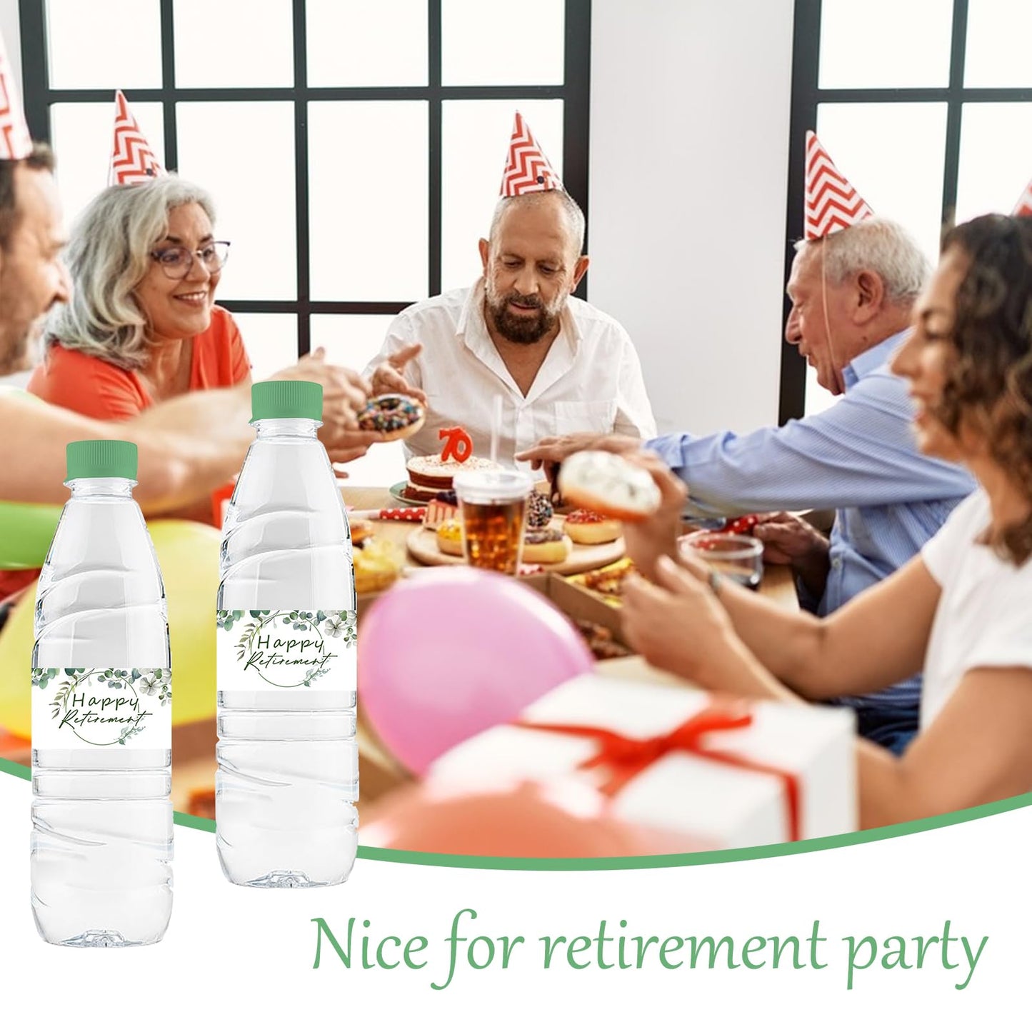 Water Bottle Labels, Green Leaf Happy Retirement Waterproof Bottle Wraps Sticker Officially Retired Bottle Wrappers Party Water Labels 1.37x8.18in 3.50 Centimeters