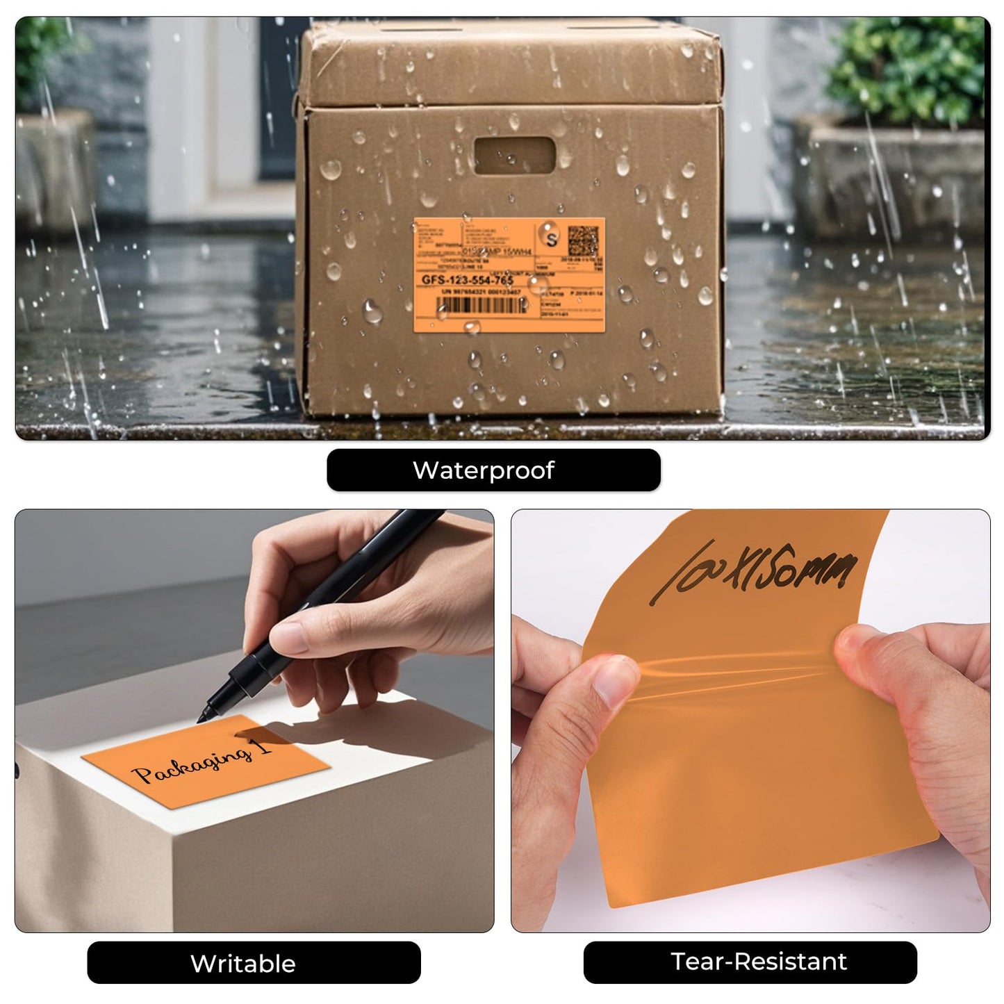 Orange Thermal Labels 4 × 6 Inch Vinyl Fanfold Self-Adhesive Stickers Perforated Waterproof Shipping Printer Decals for Barcode Address Mailing 250 PCS Orange