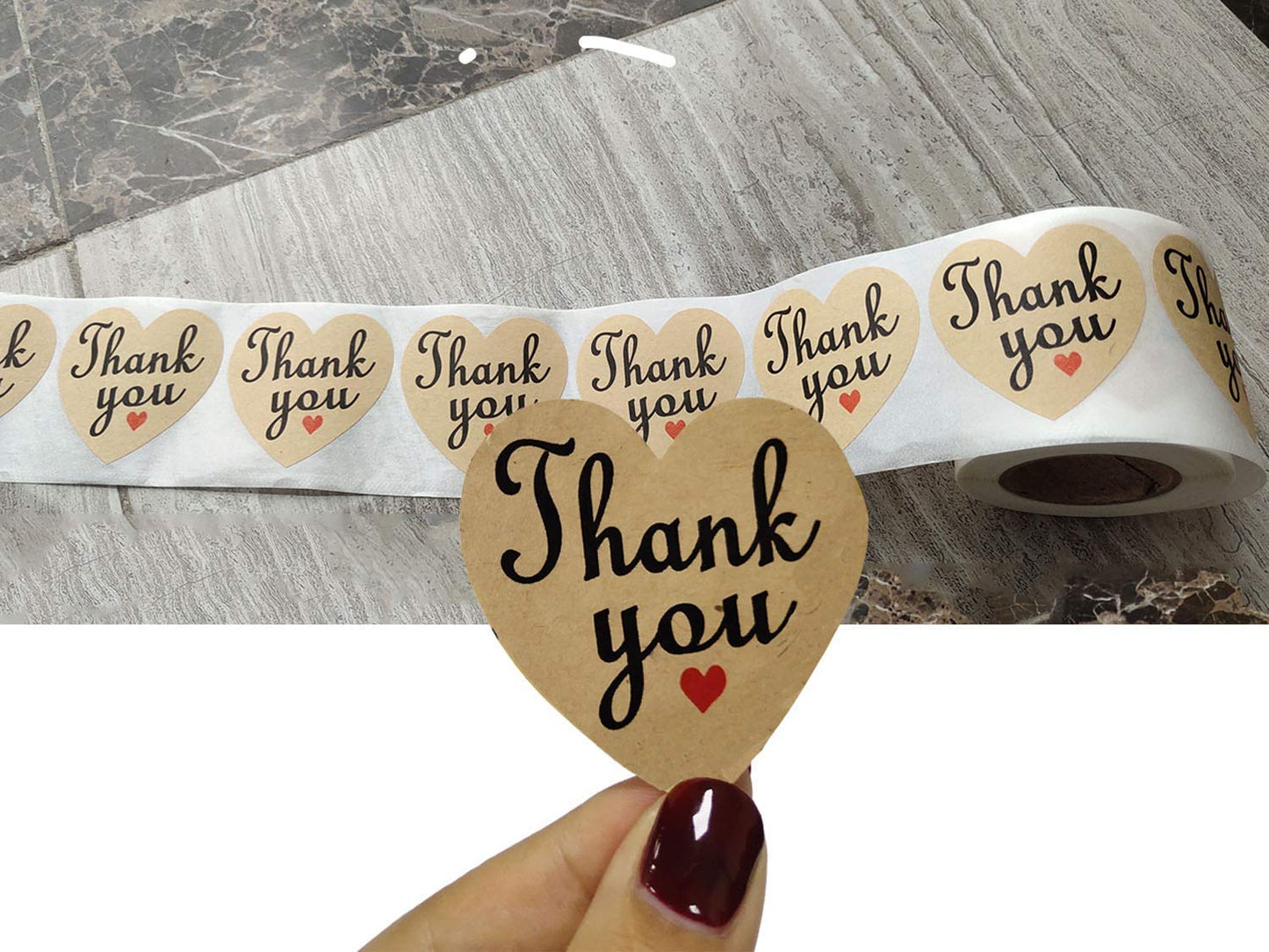 Natural Kraft Appreciation Labels 2 Inch Valentine's Day Heart Thank You Sticker for Greeting Cards,Package,Wedding,Baby Shower,250 Pcs Per Roll