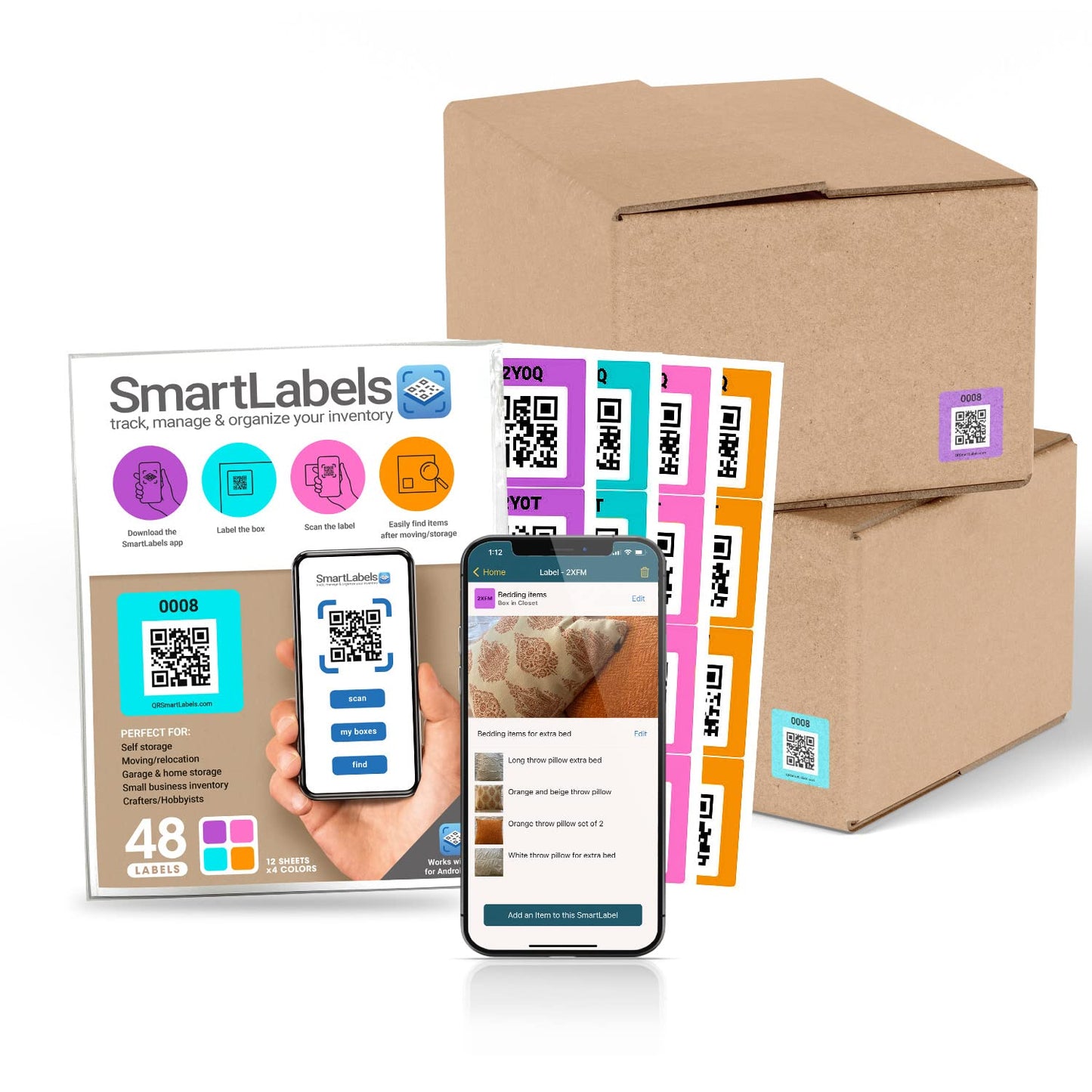 Smart Labels QR Code Stickers Pack of 48 (Modern) Made in USA - QR Code Labels for Storage & Inventory Tracking, Storage Unit Organization, App Stickers for Inventory Organization & Moving Supplies Modern