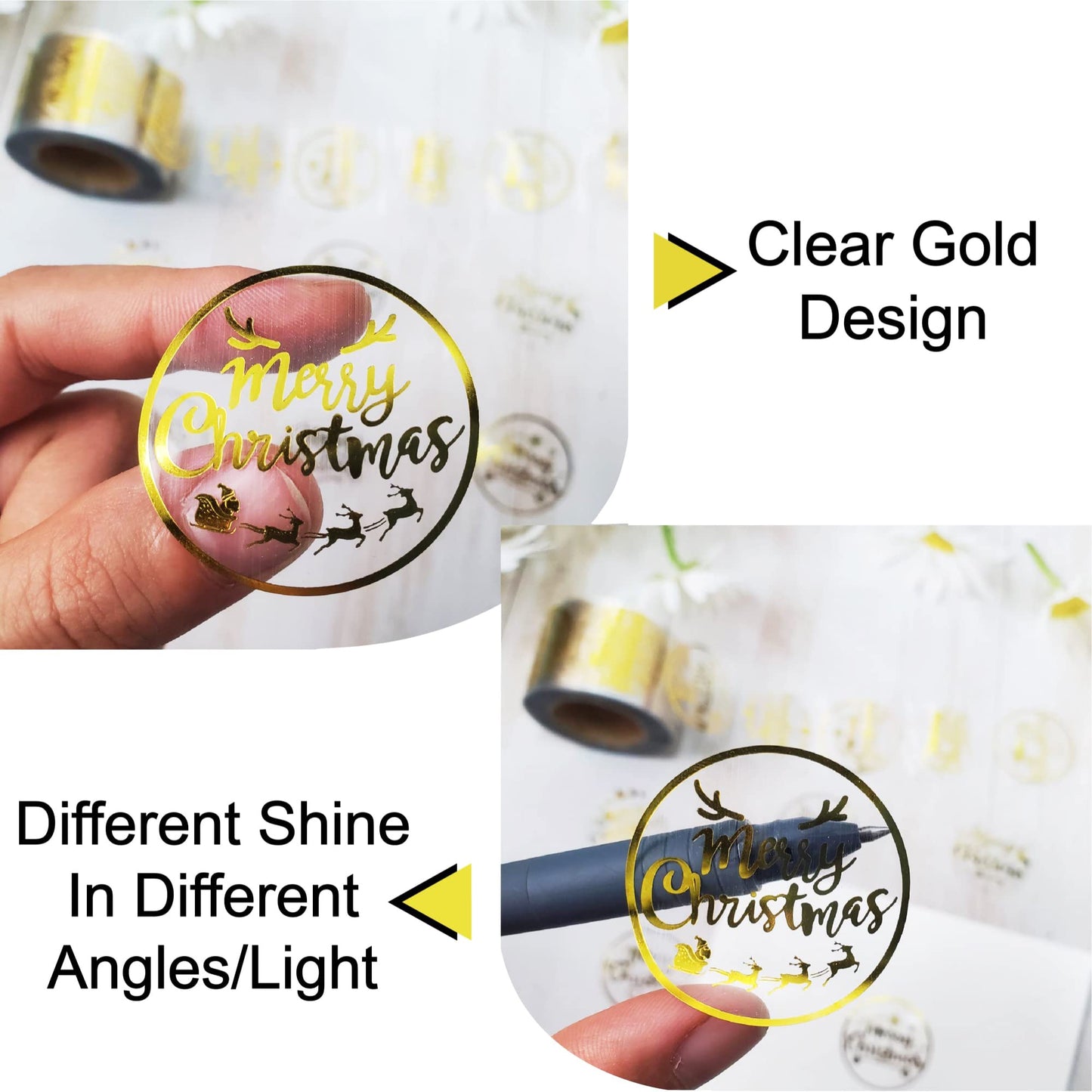 1.5 Inch Christmas Stickers - Gold Foil Merry Christmas & Winter Holiday Stickers for Decorations, Cards, Crafts & Bags