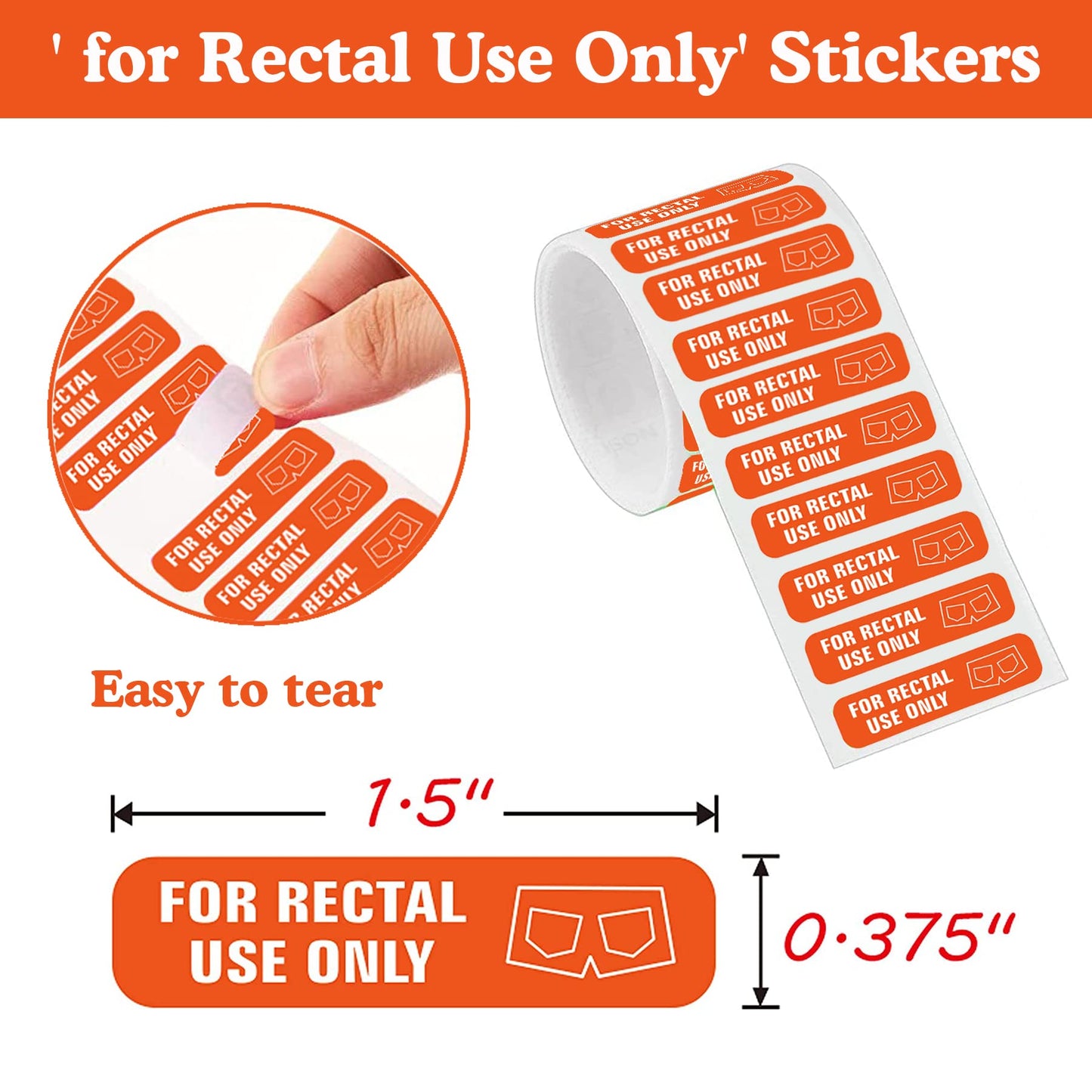 ' for Rectal Use Only' Stickers - 1.5" x .375" Rectal Use Sticker Fluorescent Orange Permanent Adhesive Sticker, 500 Labels Per Roll