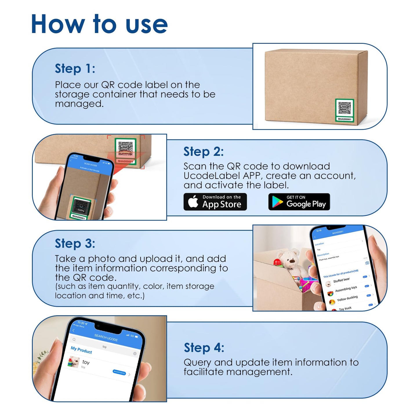 ZbZcYmt QR Code Labels Scannable Stickers for Storage Bins—on iOS & Android App(UcodeLabel)- 50 Labels-Blue Blue-50labels