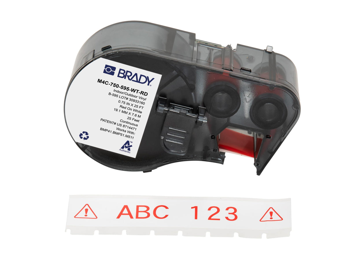 Brady Authentic (M4C-750-595-WT-RD) All-Weather Permanent Adhesive Vinyl Labels 0.75 in W x 25ft Red on White. for use with BMP41, BMP51, M410, M510, and M511 Label Printers.
