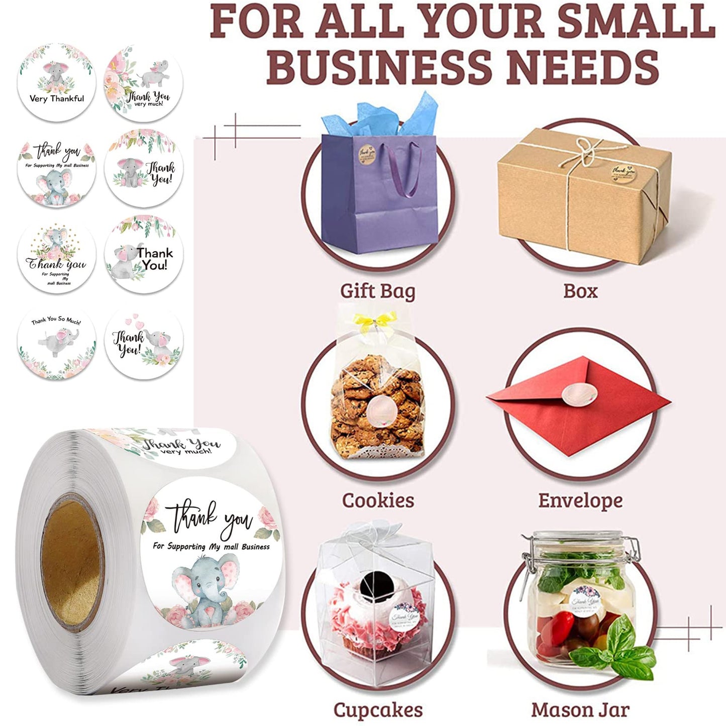 500Pcs Thank You Label Stickers Roll Cute Elephant Envelope Seals Stickers Adhesive 1inch Thank You Very Much for Help Support Round Labels Wrapping Paper for Gift Card Cookie Candy Bag Decor 8 Design G