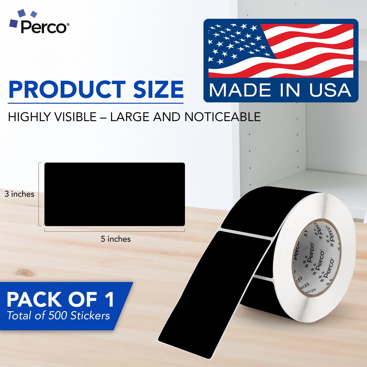 Perco Black 3x5 Inch Rectangle Sticker Labels with Permanent Adhesive - 500 Labels per Roll - Vibrant Colors, Strong Adhesion - Made in USA