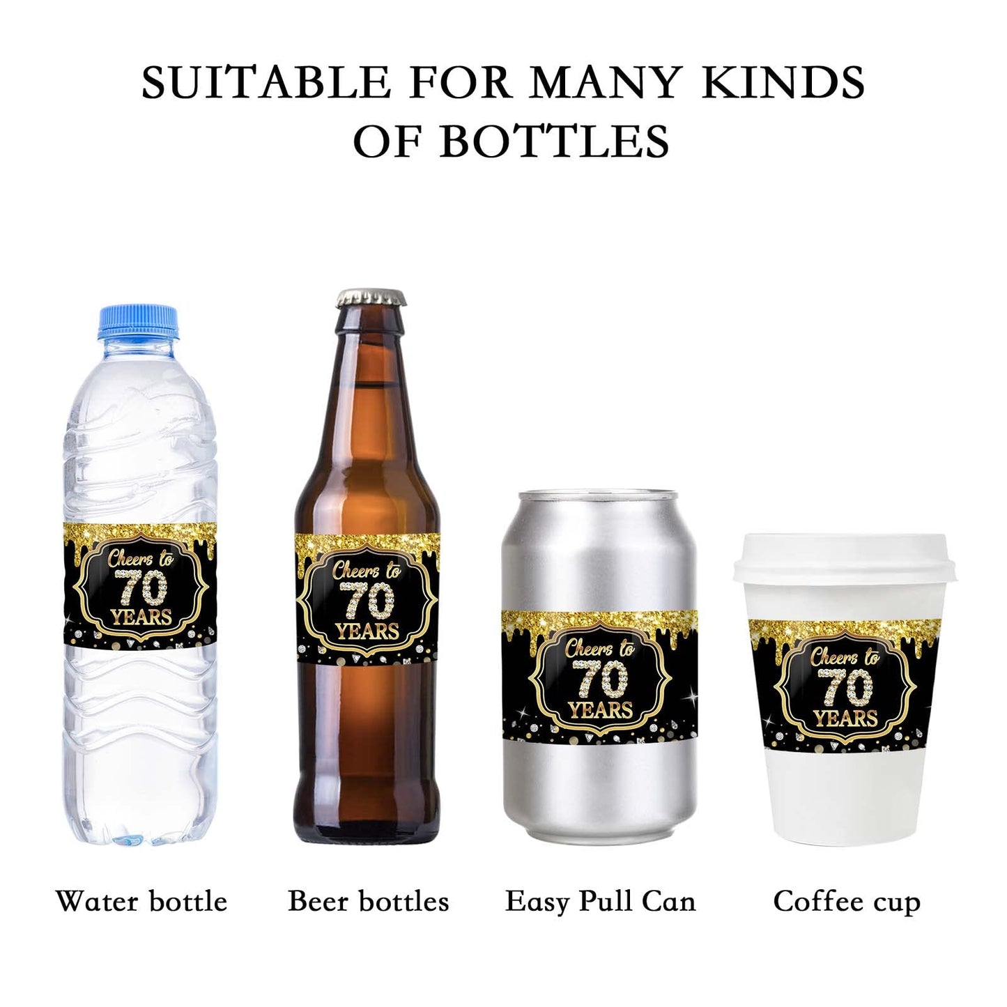 WOWOPA 32Pcs Cheers to 70 Years Water Bottle Labels, Happy 70th Birthday Labels Stickers for Women and Men Birthday Party Decorations - Black