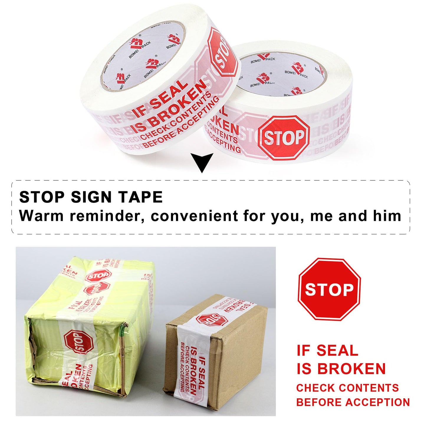 BOMEI PACK Stop Sign Sealing Tape,Pre-Printed IF Seal is Broken Check Contents Before Accepting Packing Tape with Dispenser 2 Inch x 110 Yards Heavy Duty Shipping Tape for Moving,Sealing